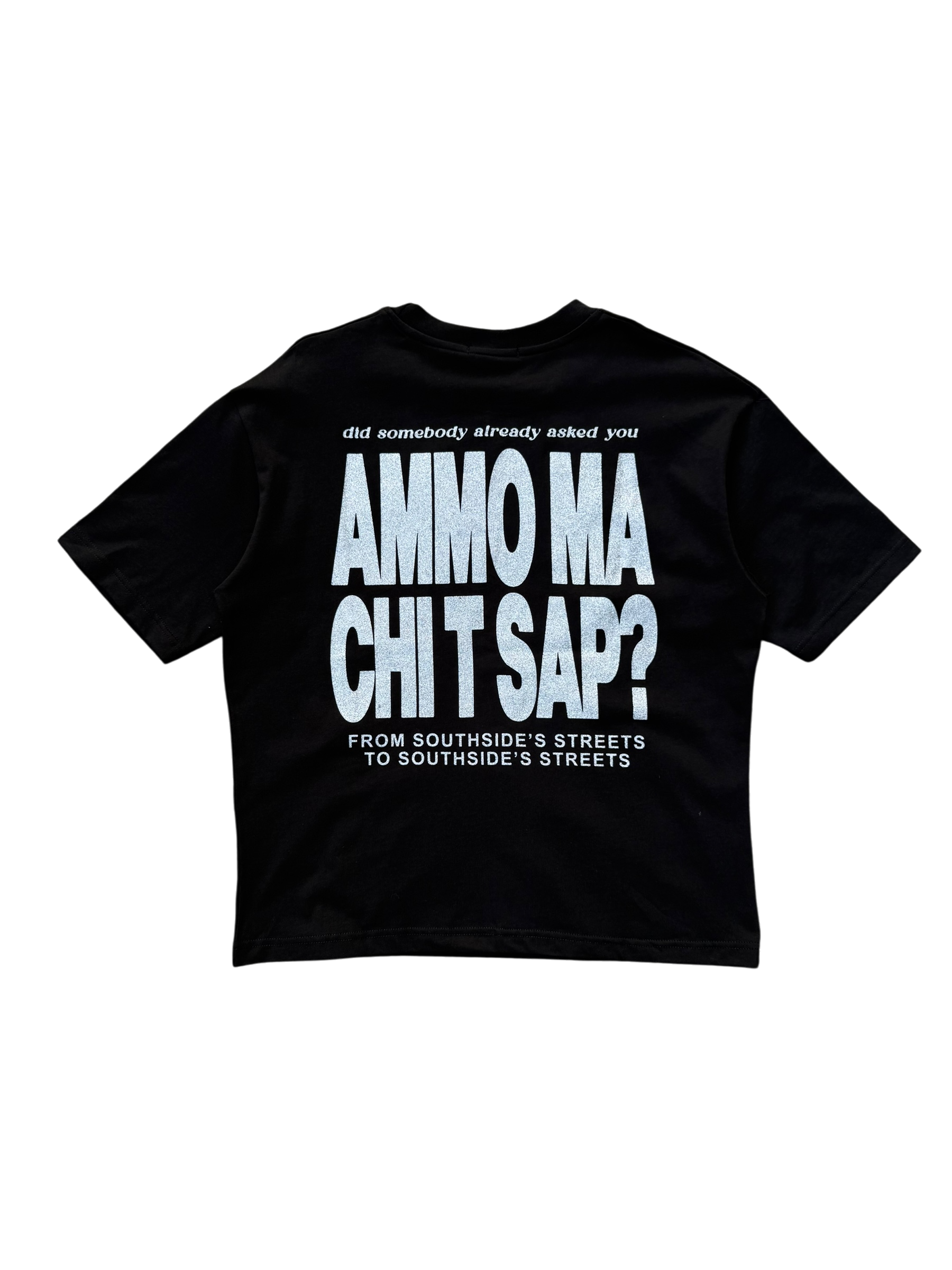 T-Shirt BoxyFIt Scritta Retro “AMMO MA CHI T SAP?” argentata brillantinata