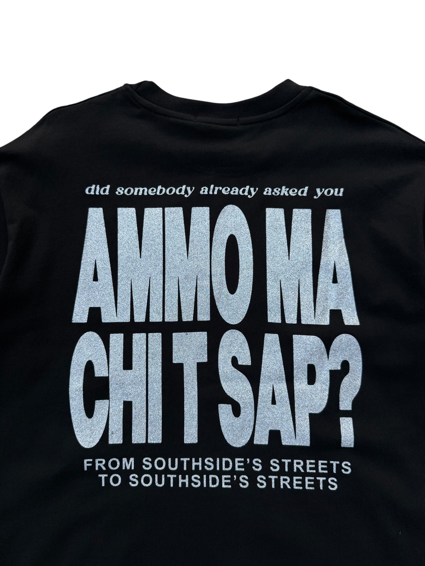 T-Shirt BoxyFIt Scritta Retro “AMMO MA CHI T SAP?” argentata brillantinata
