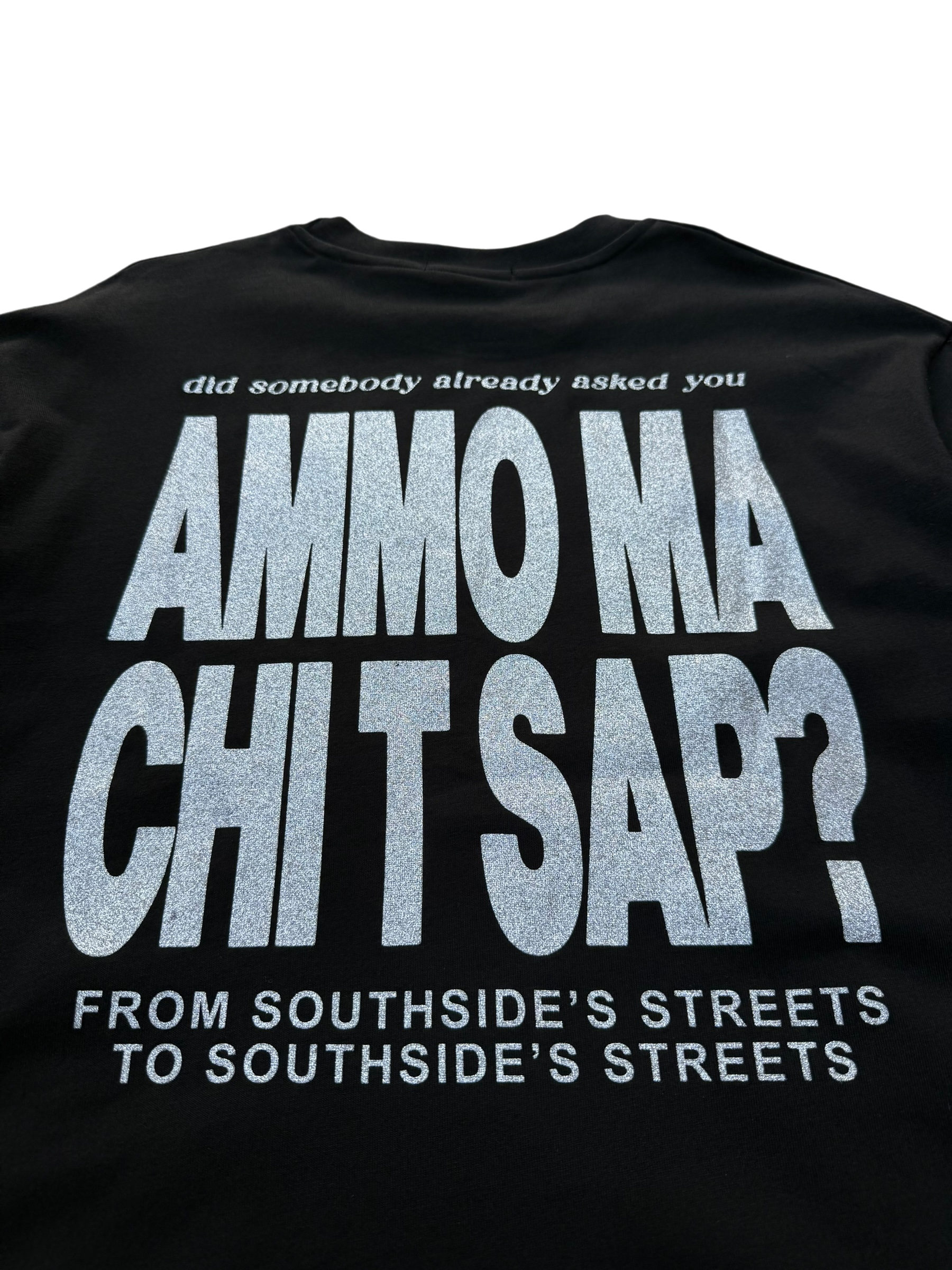 T-Shirt BoxyFIt Scritta Retro “AMMO MA CHI T SAP?” argentata brillantinata