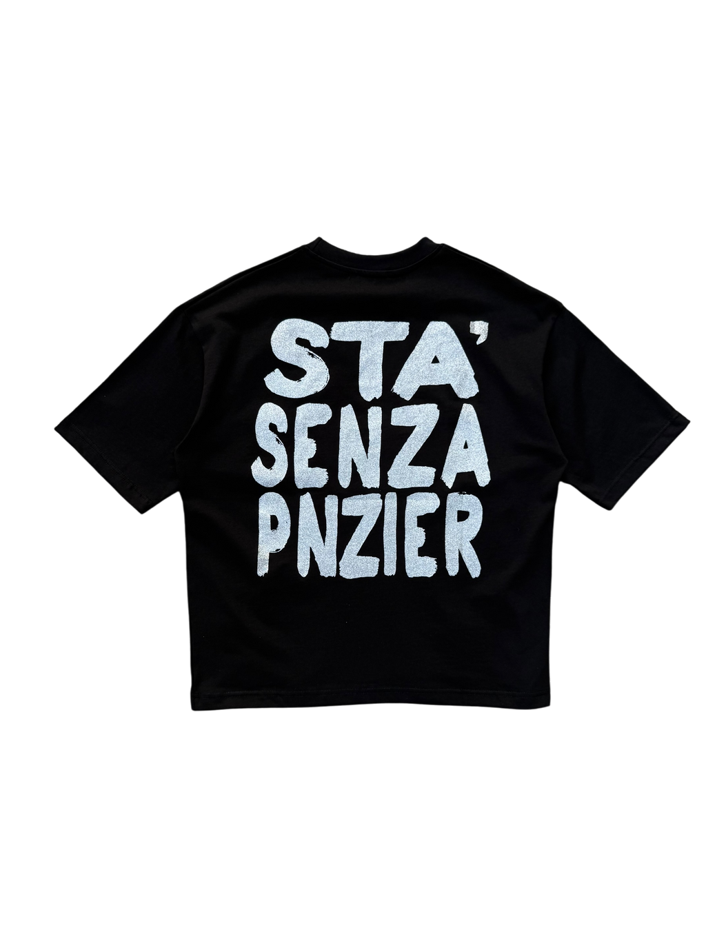 T-Shirt BoxyFit Scritta Retro “STA’ SENZA PNZIER” argentata brillantinata