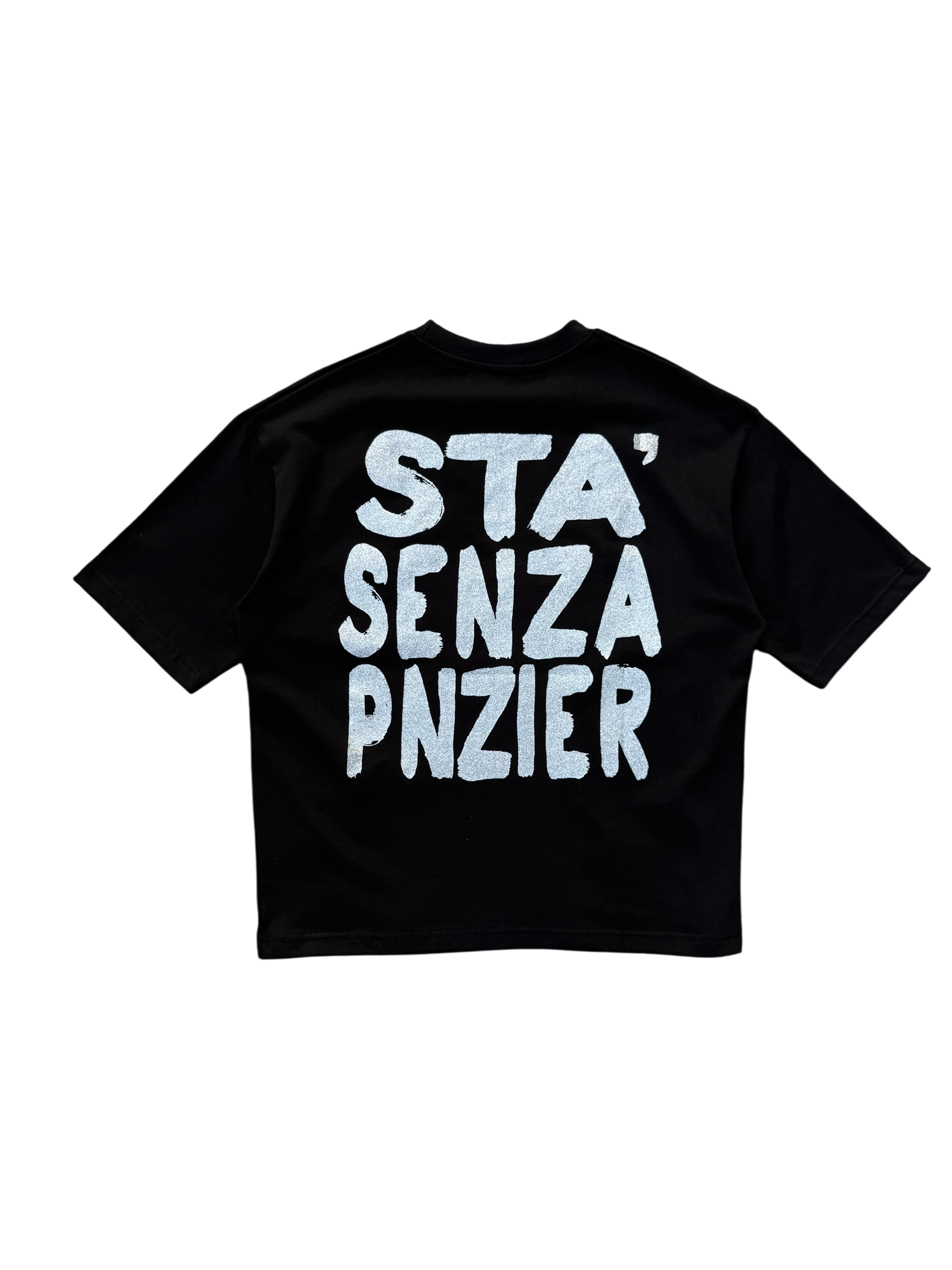 T-Shirt BoxyFit Scritta Retro “STA’ SENZA PNZIER” argentata brillantinata