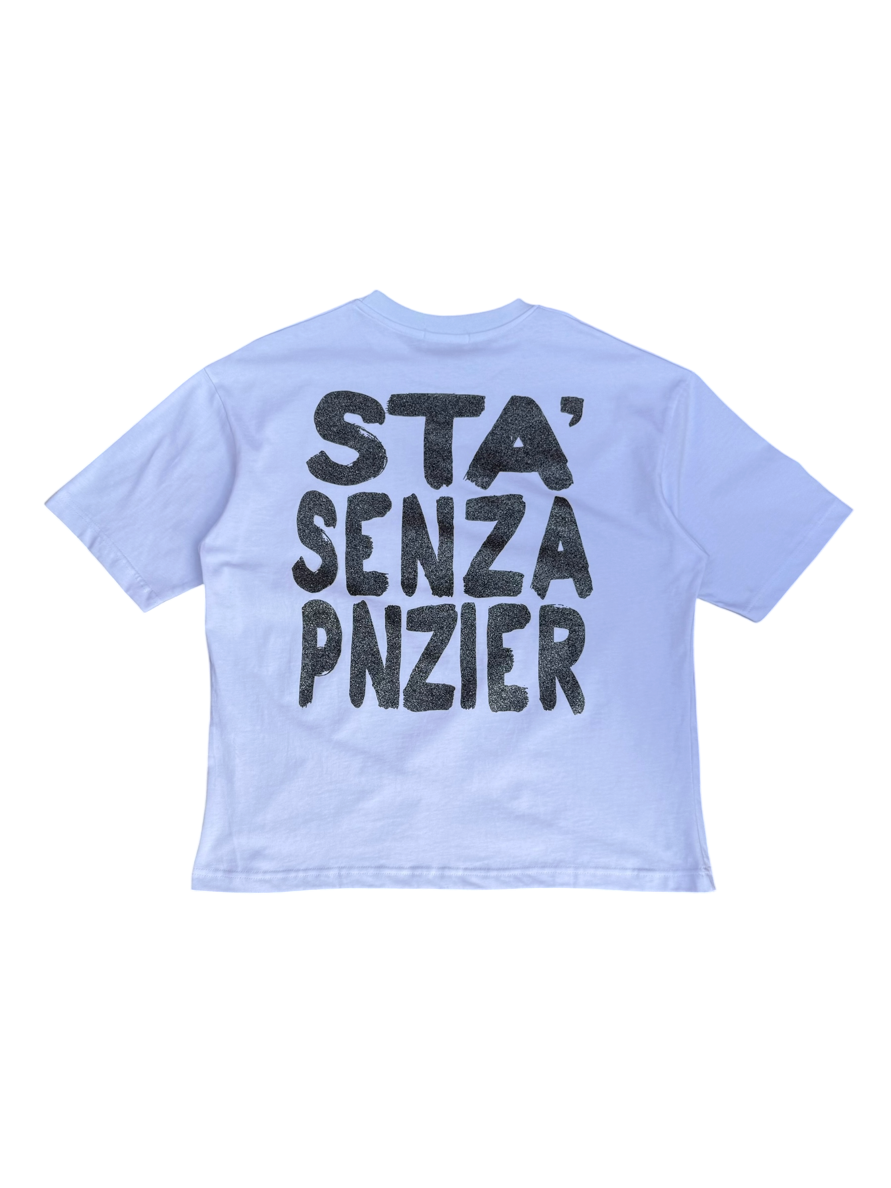T-Shirt BoxyFit Scritta Retro “STA SENZA PNZIER” argentata brillantinata