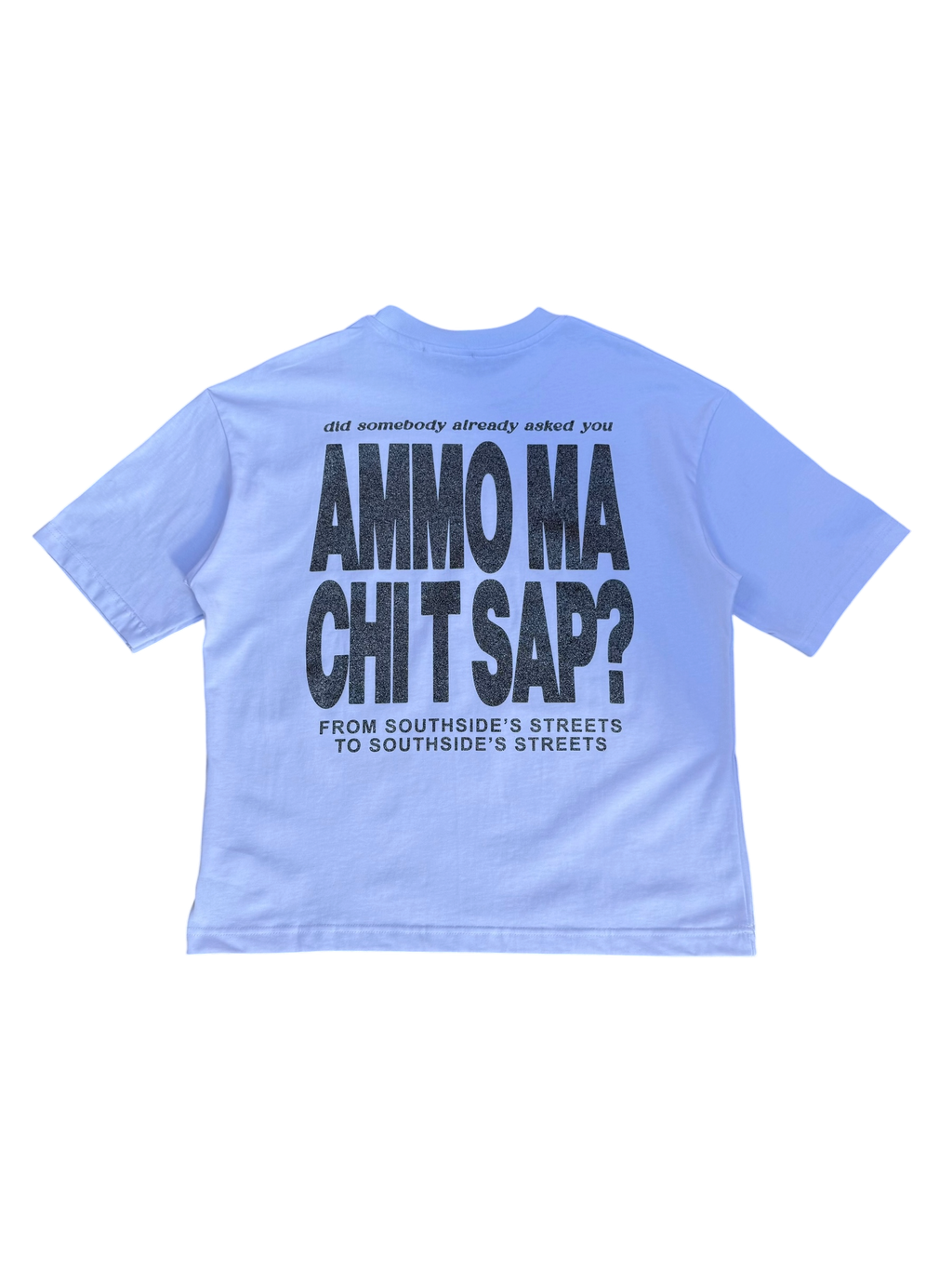 T-Shirt BoxyFit Scritta Retro “AMMO MA CHI T SAP?” argentata brillantinata