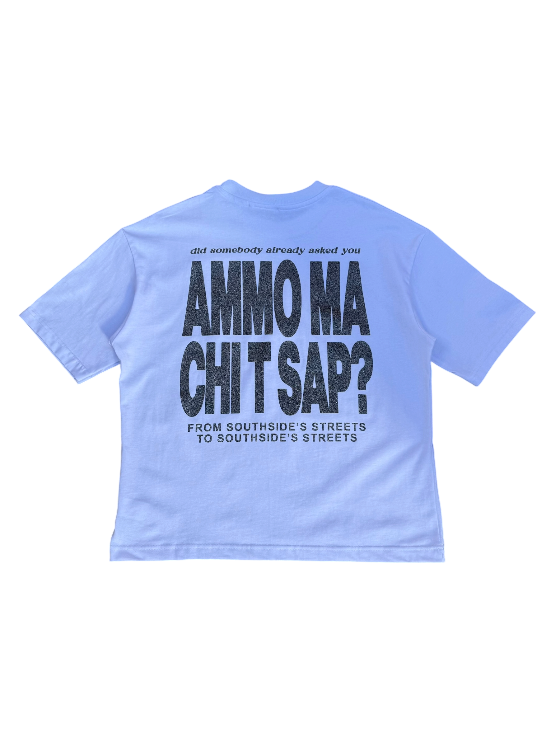 T-Shirt BoxyFit Scritta Retro “AMMO MA CHI T SAP?” argentata brillantinata