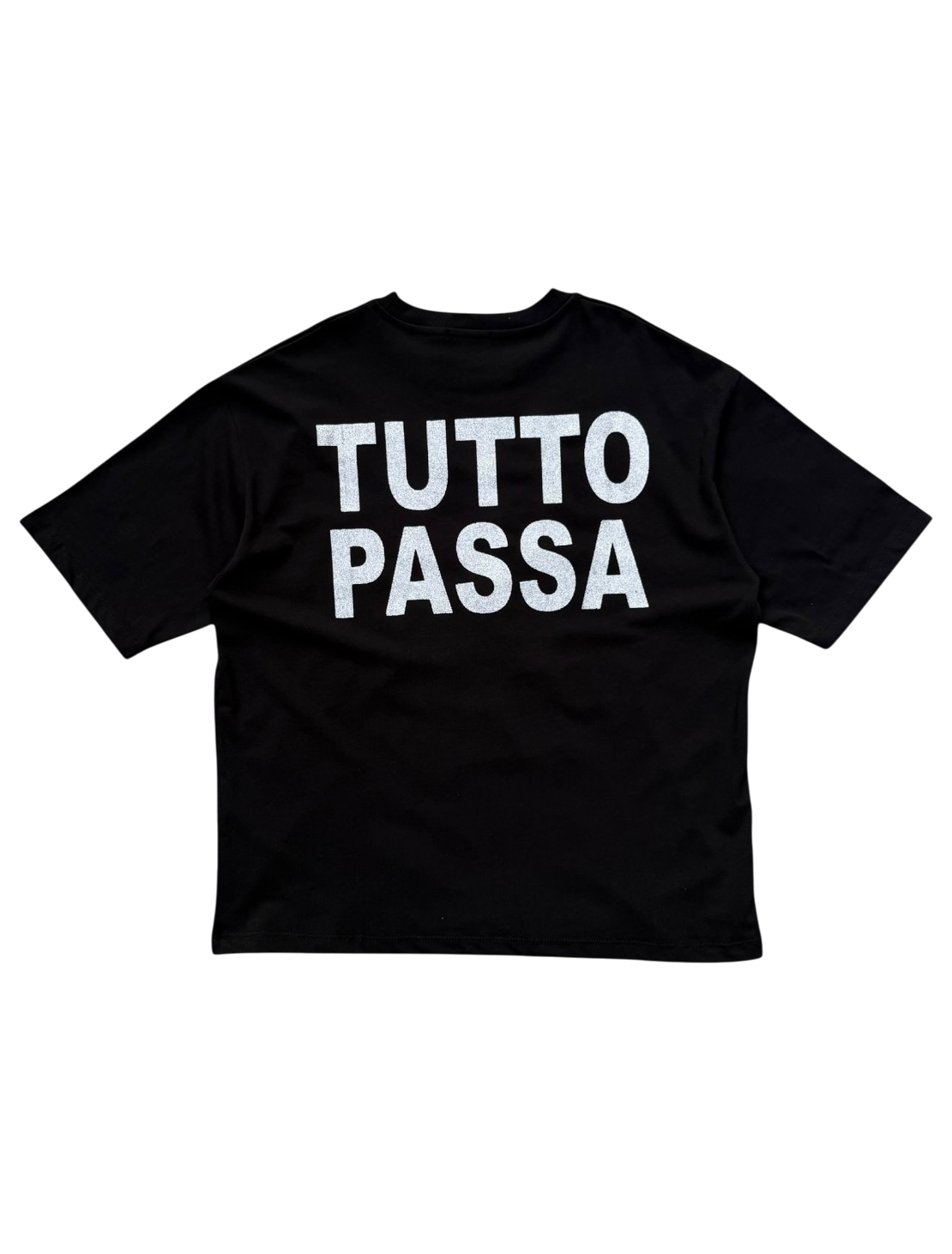 T-Shirt BoxyFit Scritta Retro "Tutto Passa" Argentata Brillantinata