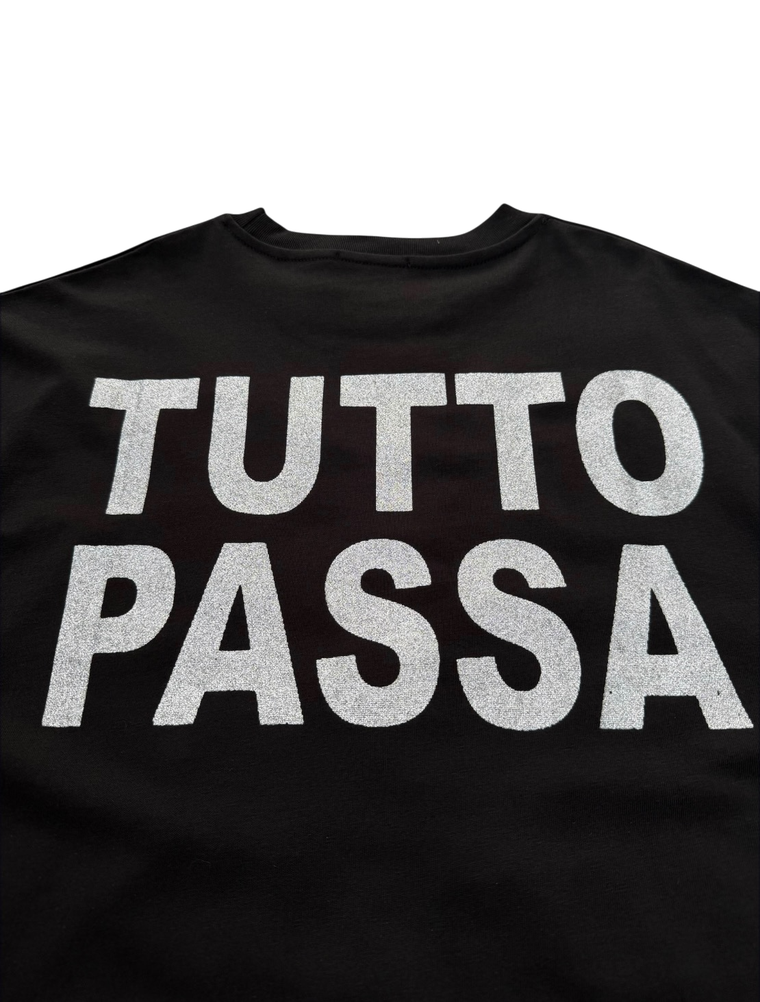 T-Shirt BoxyFit Scritta Retro "Tutto Passa" Argentata Brillantinata