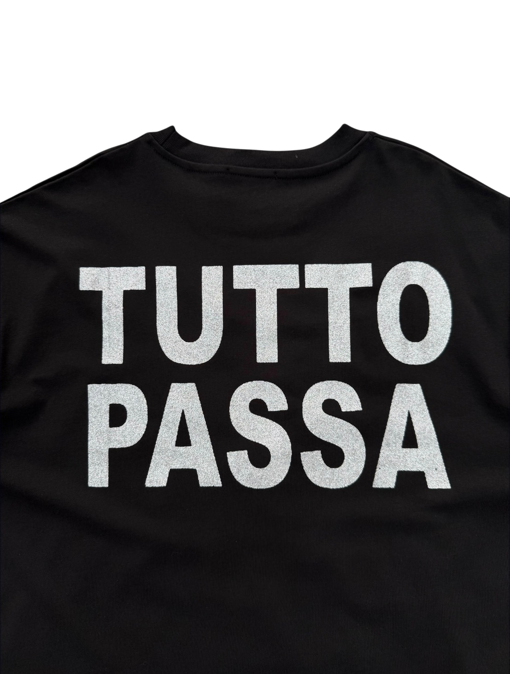 T-Shirt BoxyFit Scritta Retro "Tutto Passa" Argentata Brillantinata
