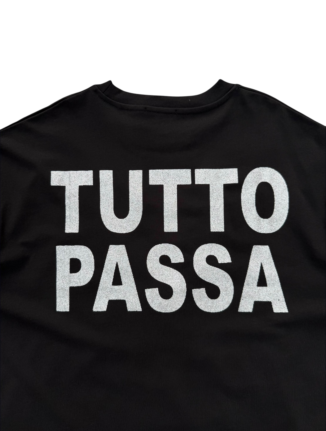 T-Shirt BoxyFit Scritta Retro "Tutto Passa" Argentata Brillantinata