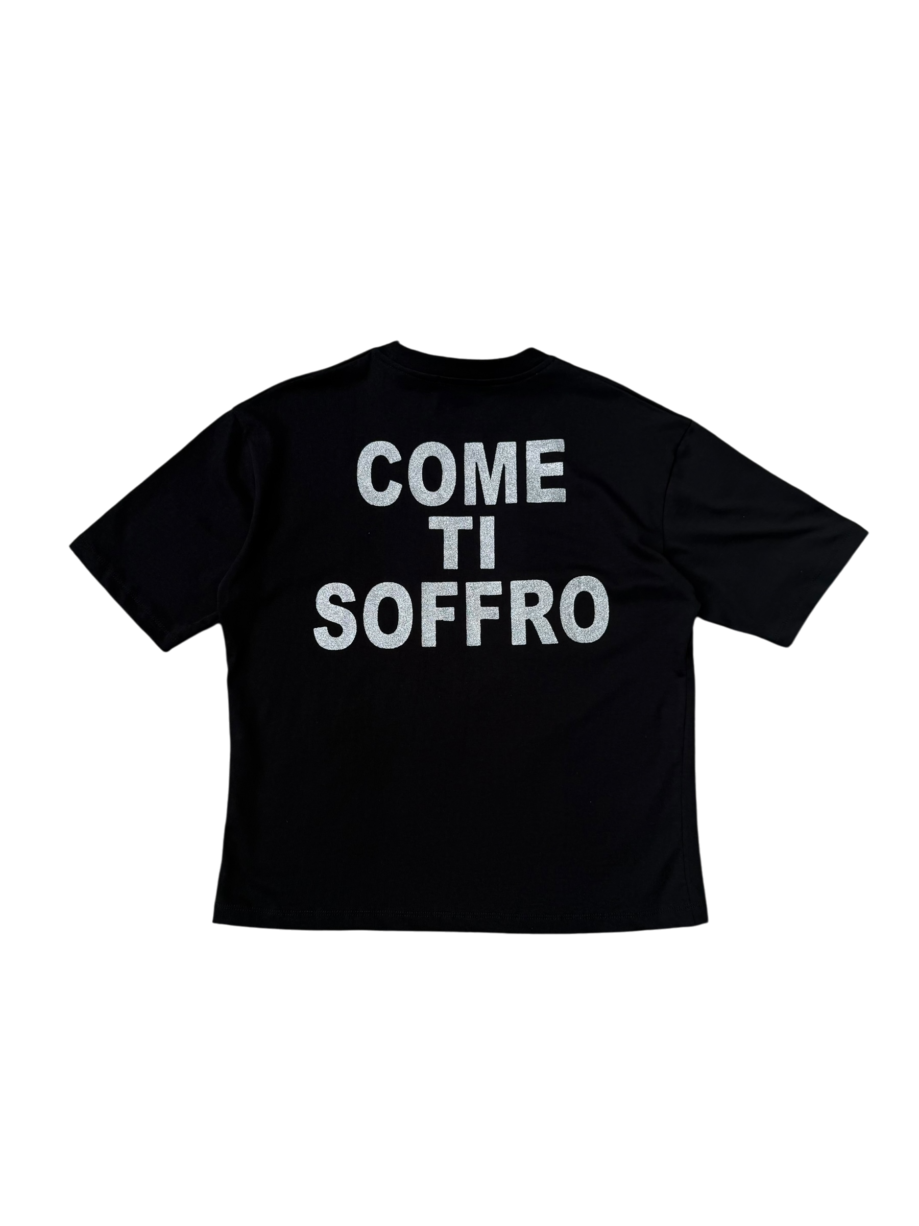 T-Shirt BoxyFit Scritta Retro "Come Ti Soffro" Argentata Brillantinata