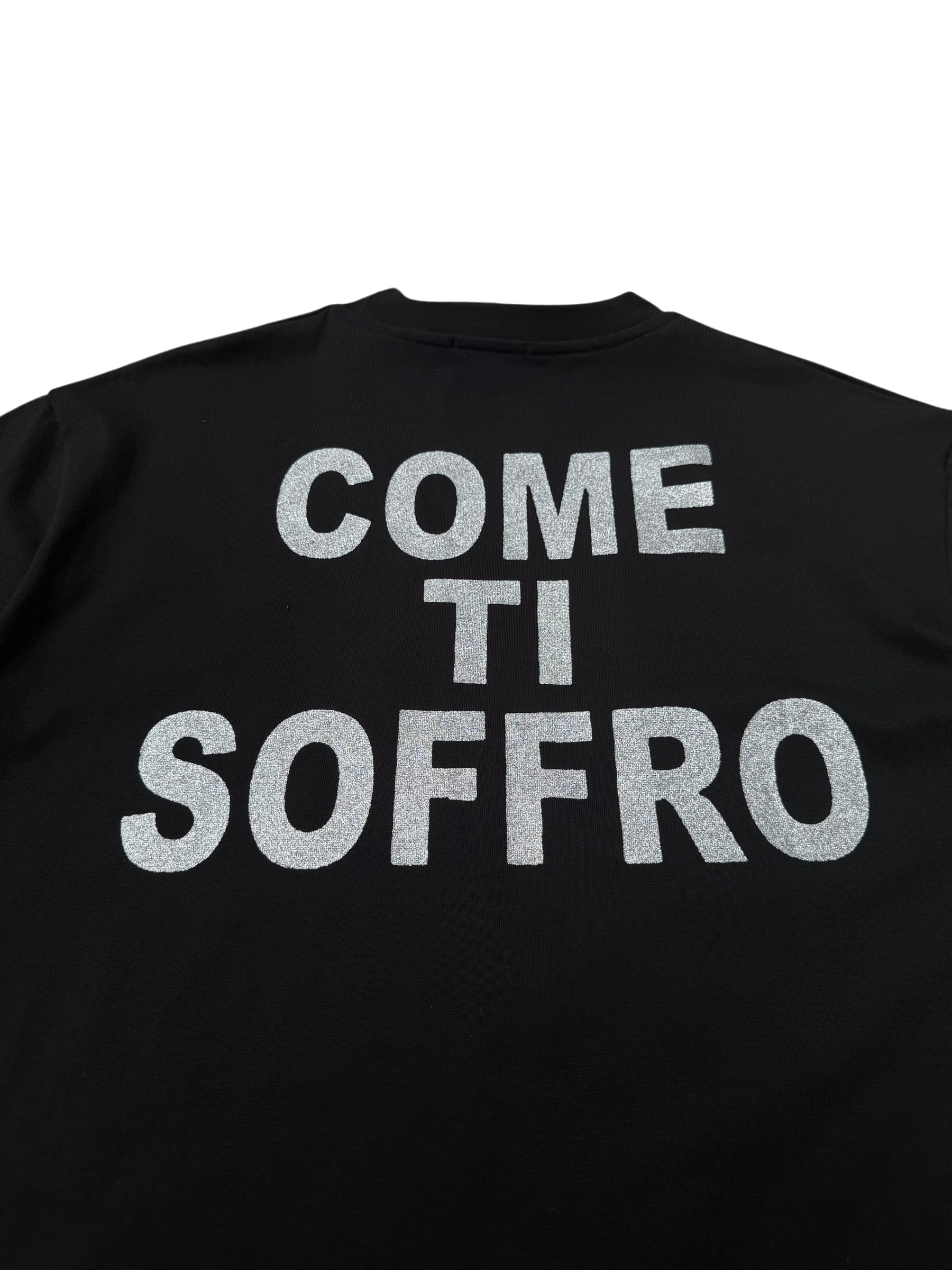 T-Shirt BoxyFit Scritta Retro "Come Ti Soffro" Argentata Brillantinata