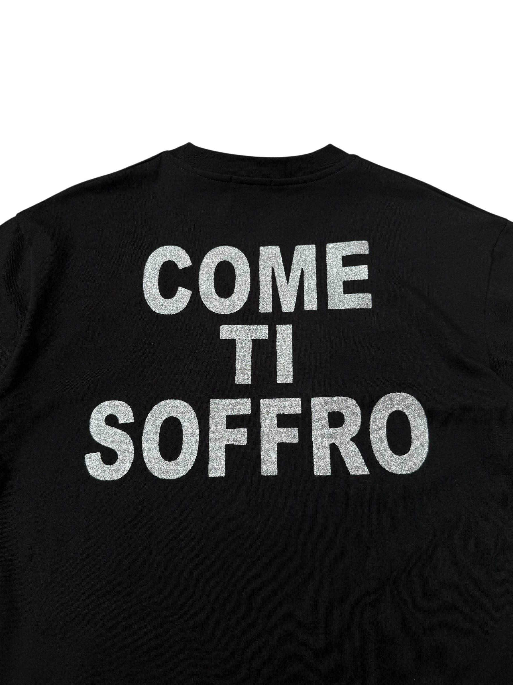 T-Shirt BoxyFit Scritta Retro "Come Ti Soffro" Argentata Brillantinata