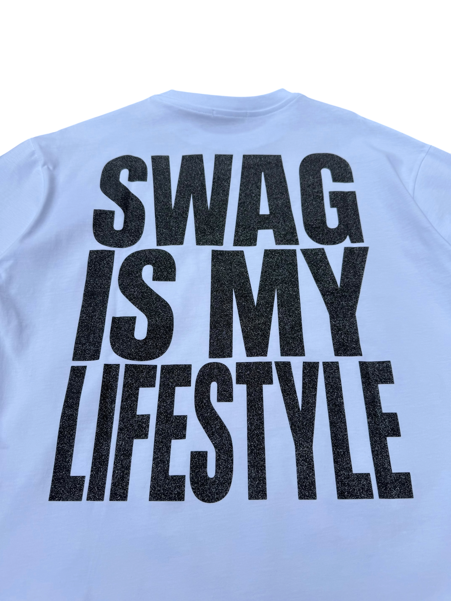 T-Shirt BoxyFit Scritta Retro "SWAG IS MY LIFESTYLE" Nera Brillantinata