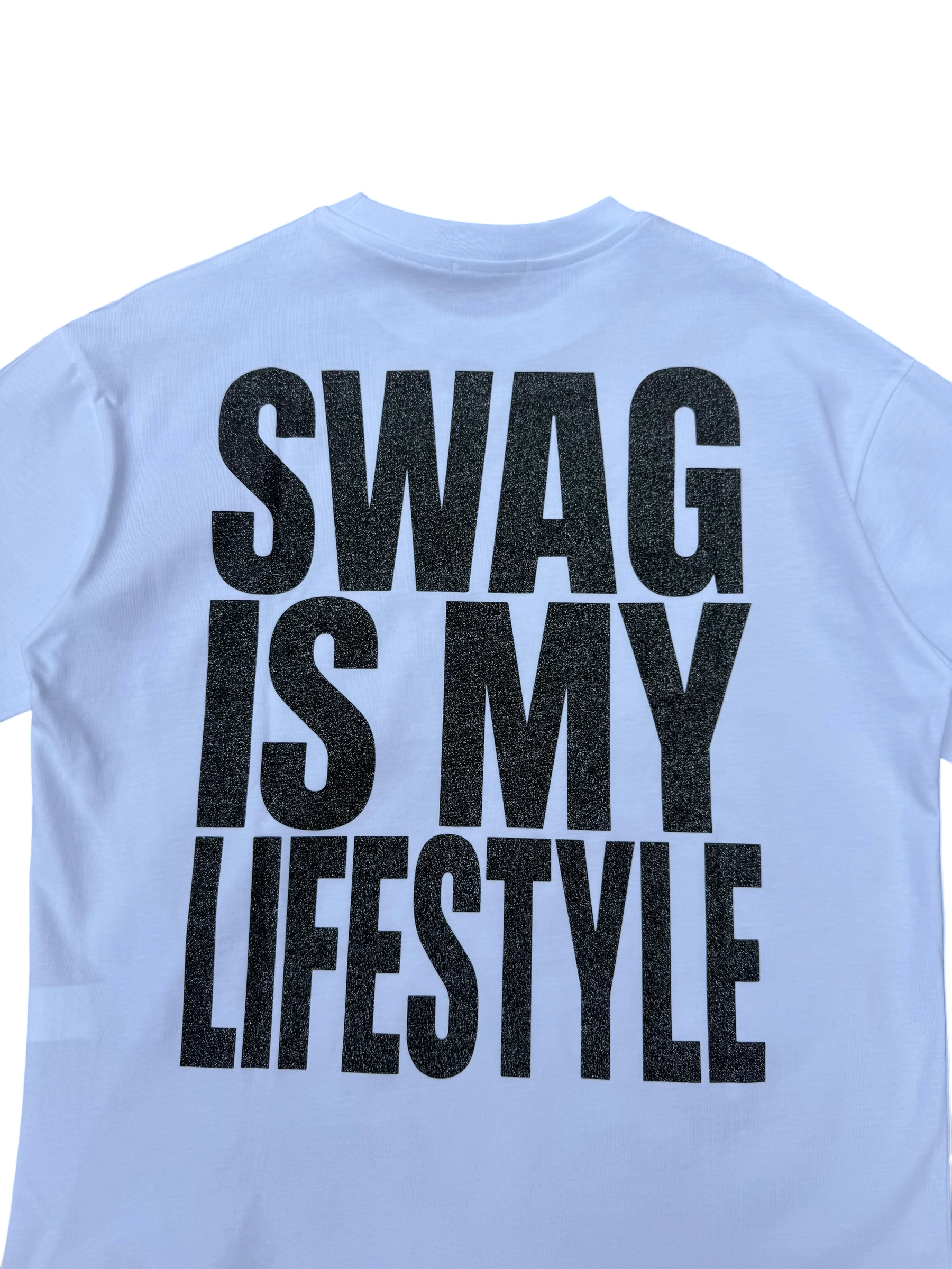 T-Shirt BoxyFit Scritta Retro "SWAG IS MY LIFESTYLE" Nera Brillantinata