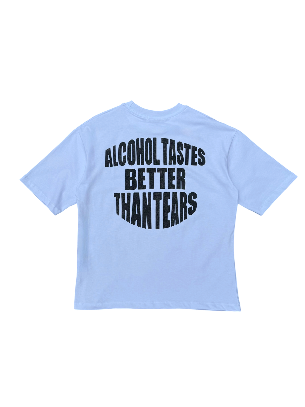 T-Shirt BoxyFit Scritta Retro "ALCOHOL TASTES BETTER THAN TEARS " Nera Brillantinata
