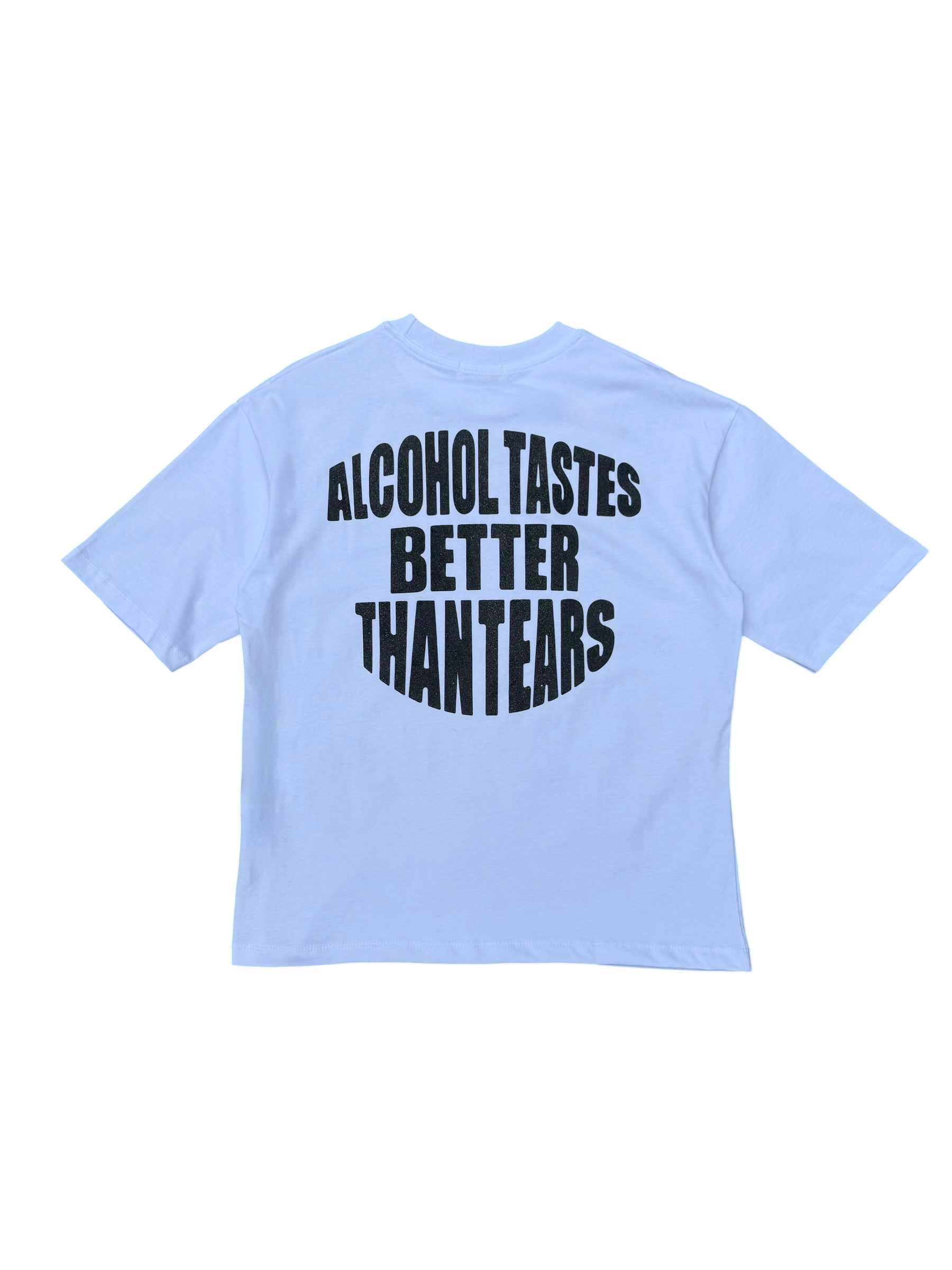 T-Shirt BoxyFit Scritta Retro "ALCOHOL TASTES BETTER THAN TEARS " Nera Brillantinata