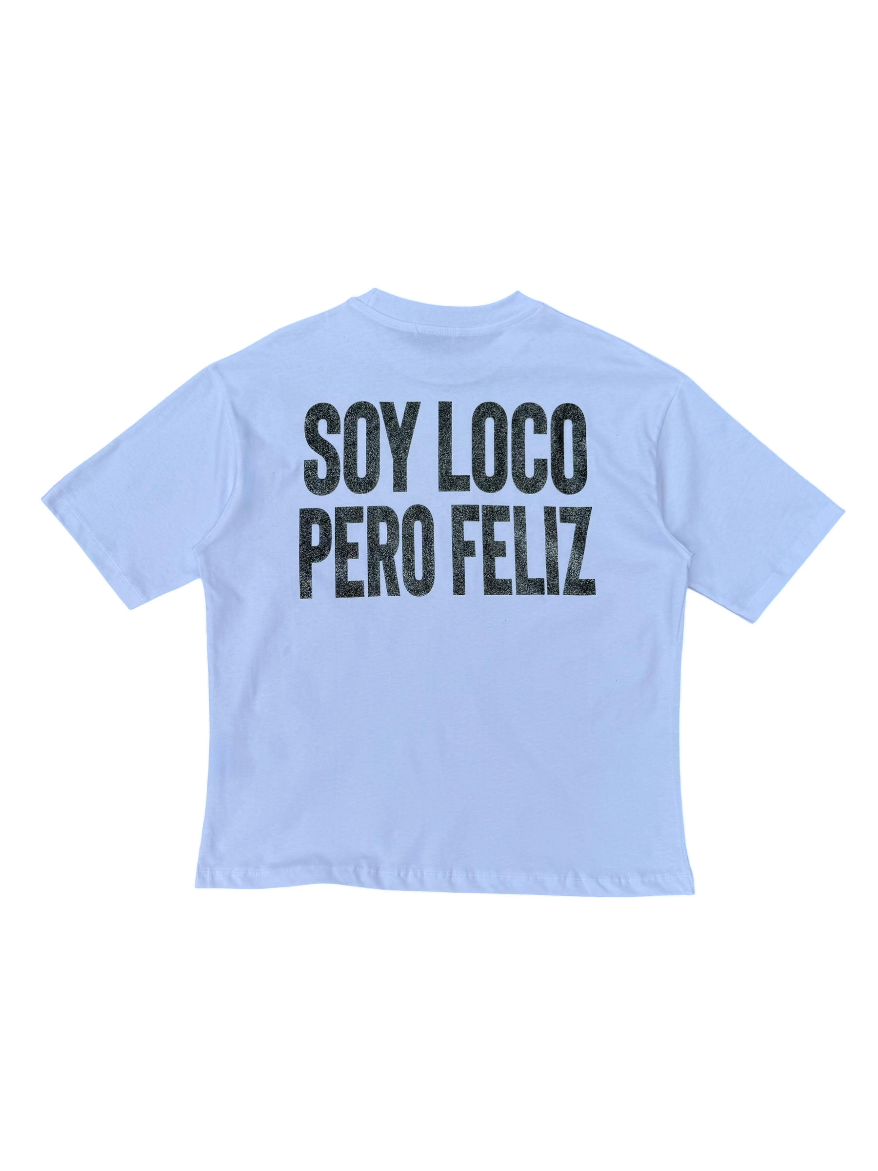 T-Shirt BoxyFit Scritta Retro "SOY LOCO PERO FELIZ" Nera Brillantinata