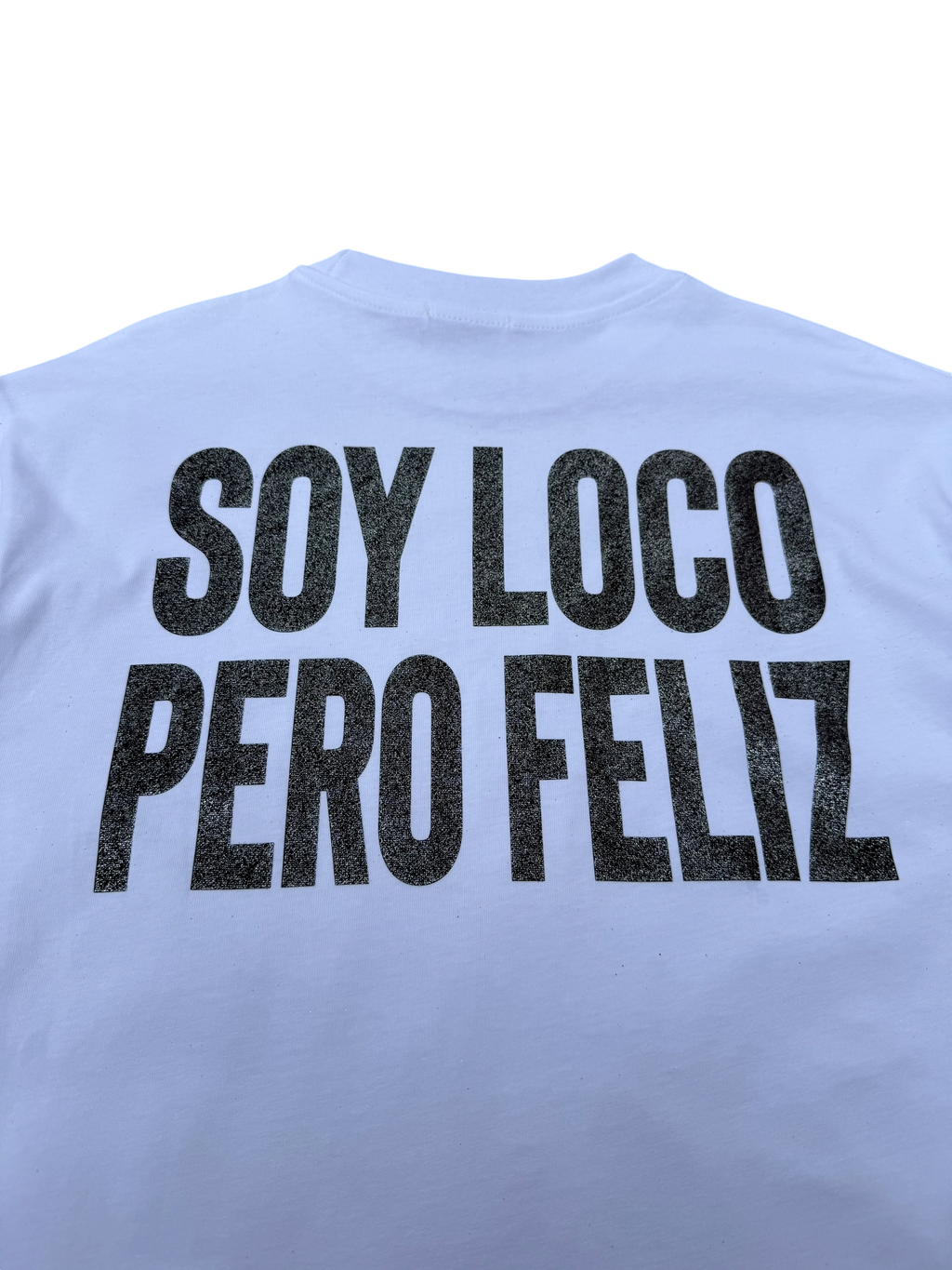 T-Shirt BoxyFit Scritta Retro "SOY LOCO PERO FELIZ" Nera Brillantinata