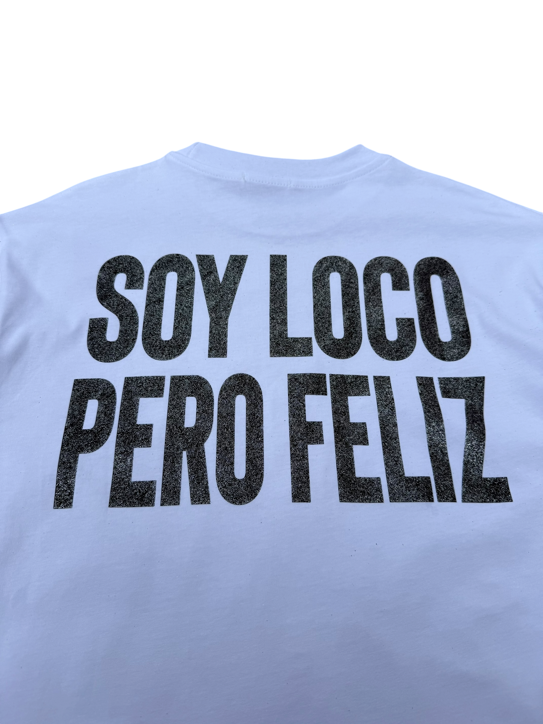 T-Shirt BoxyFit Scritta Retro "SOY LOCO PERO FELIZ" Nera Brillantinata