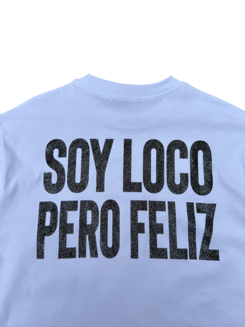 T-Shirt BoxyFit Scritta Retro "SOY LOCO PERO FELIZ" Nera Brillantinata
