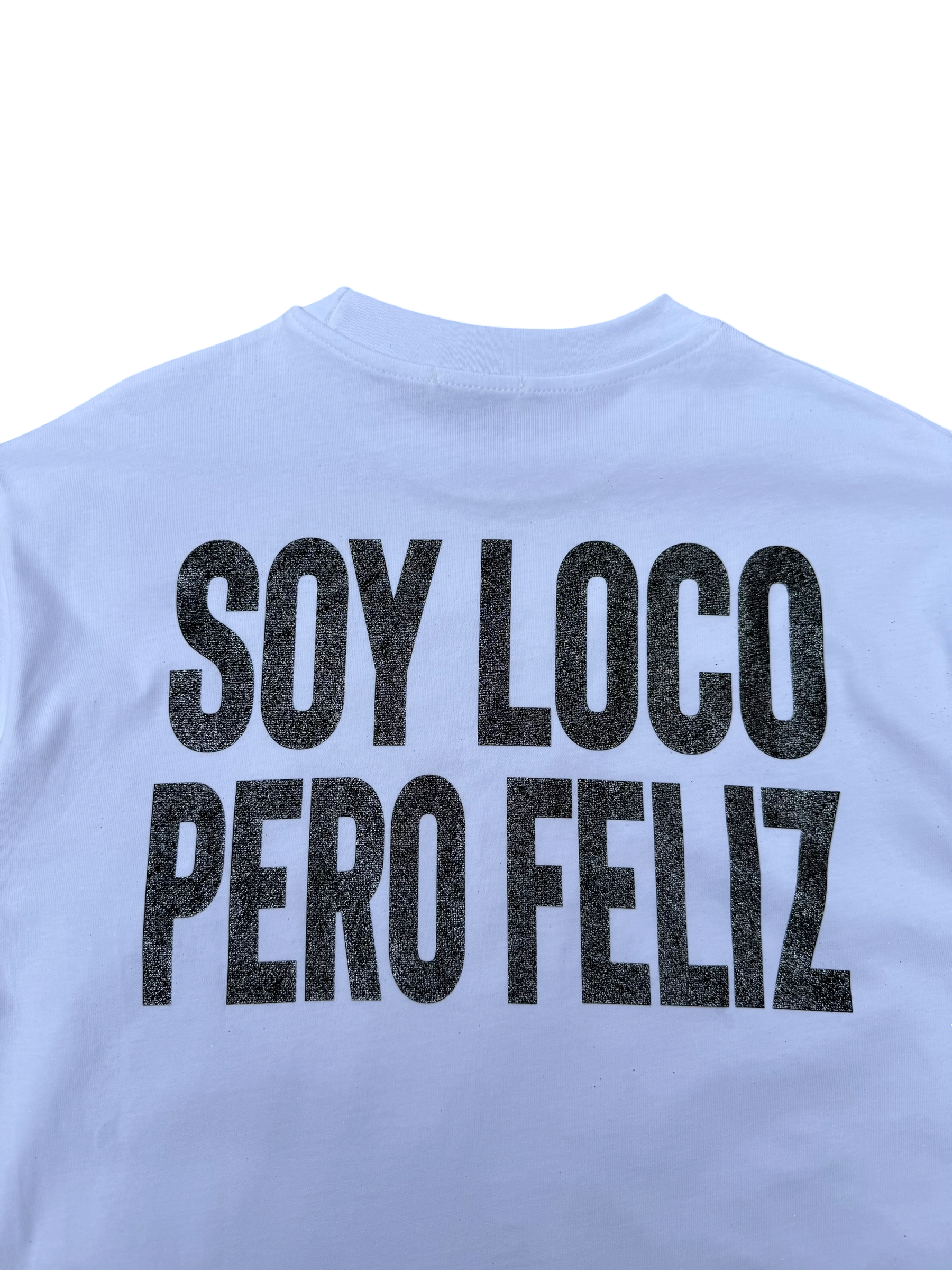 T-Shirt BoxyFit Scritta Retro "SOY LOCO PERO FELIZ" Nera Brillantinata