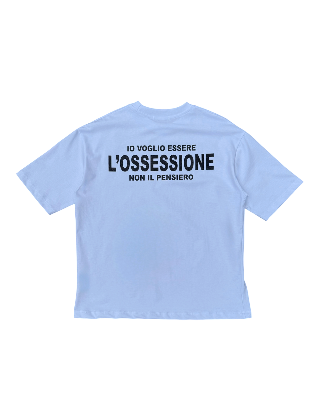 T-Shirt BoxyFit Scritta Retro " IO VOGLIO ESSERE L'OSSESSIONE NON IL PENSIERO" Nera Brillantinata