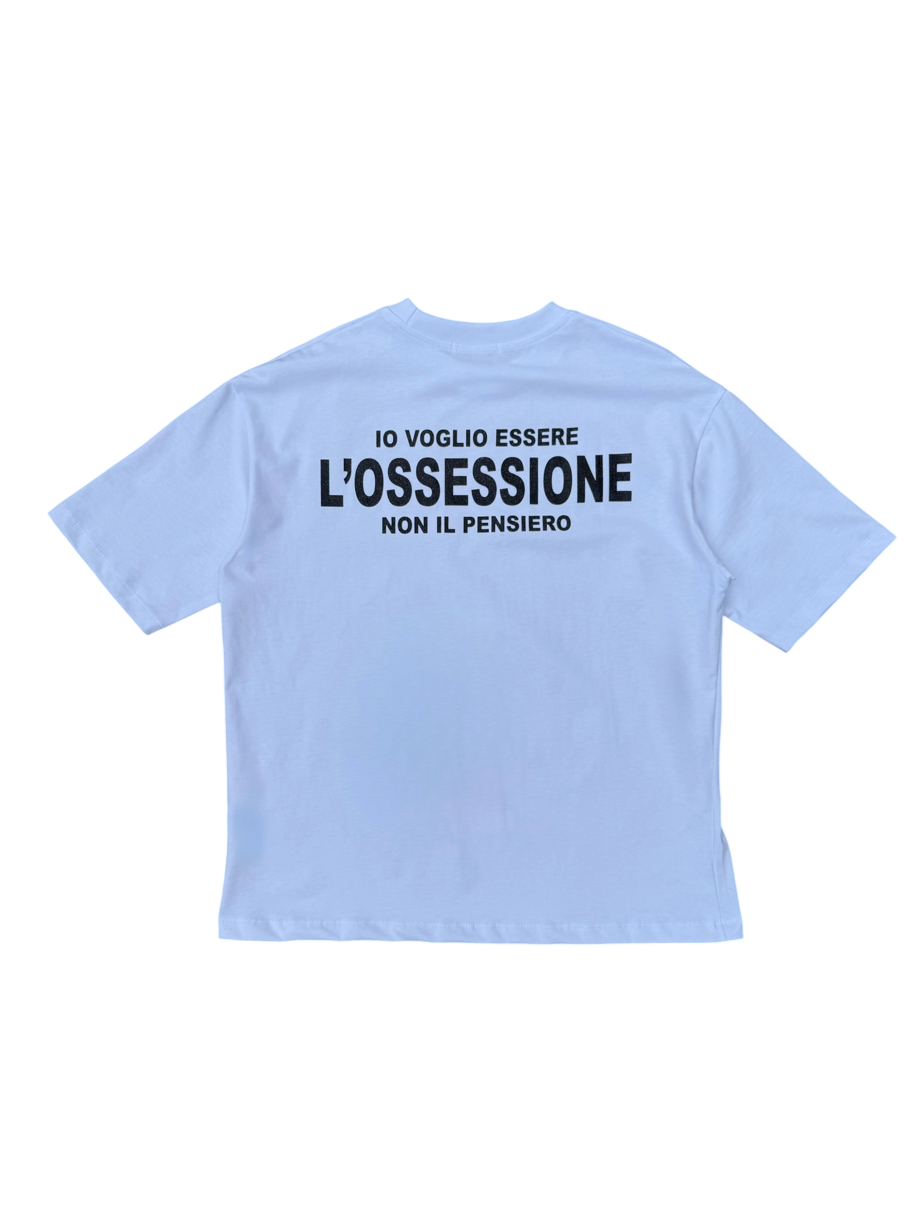 T-Shirt BoxyFit Scritta Retro " IO VOGLIO ESSERE L'OSSESSIONE NON IL PENSIERO" Nera Brillantinata