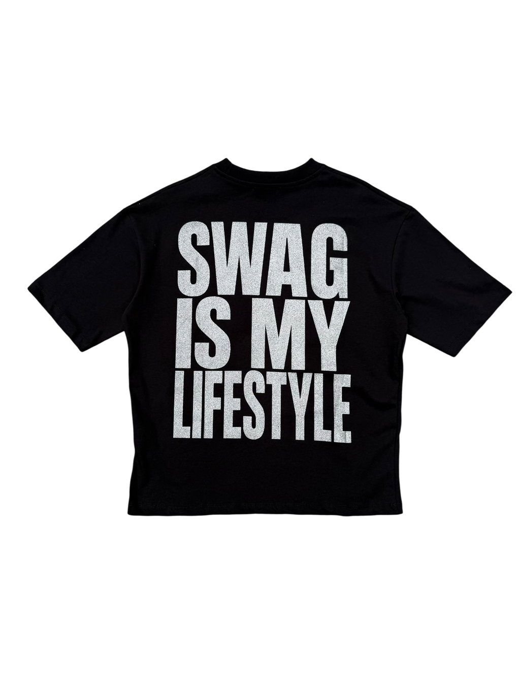 T-Shirt BoxyFit Scritta Retro " SWAG IS MY LIFESTYLE" Argentata Brillantinata