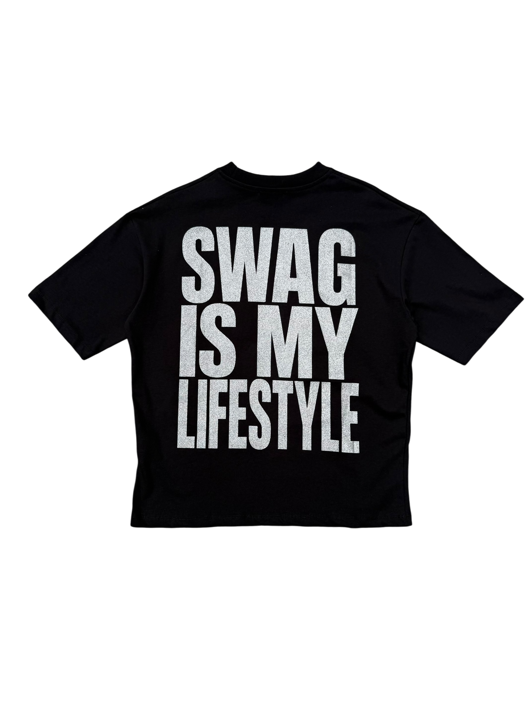 T-Shirt BoxyFit Scritta Retro " SWAG IS MY LIFESTYLE" Argentata Brillantinata