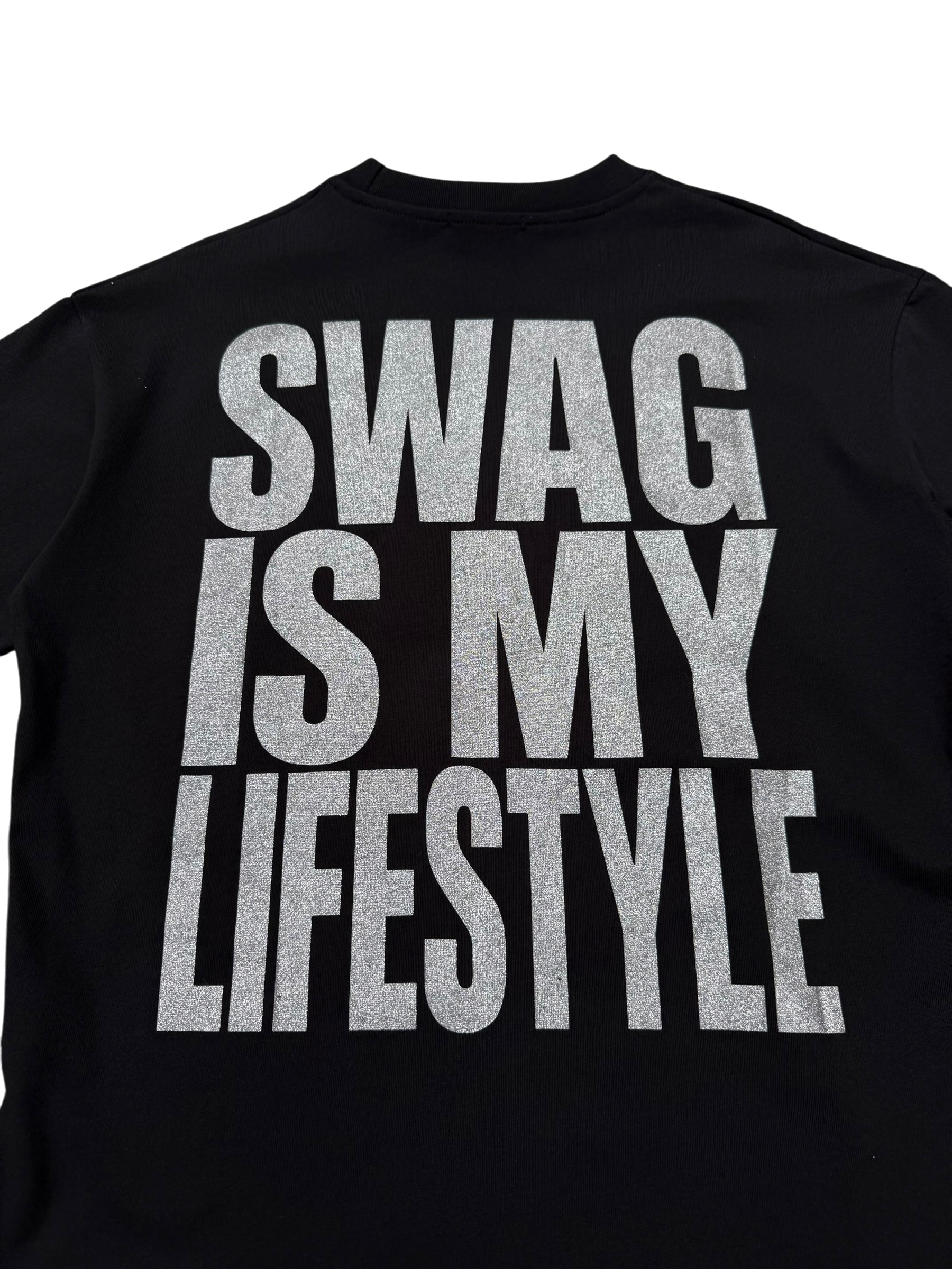 T-Shirt BoxyFit Scritta Retro " SWAG IS MY LIFESTYLE" Argentata Brillantinata