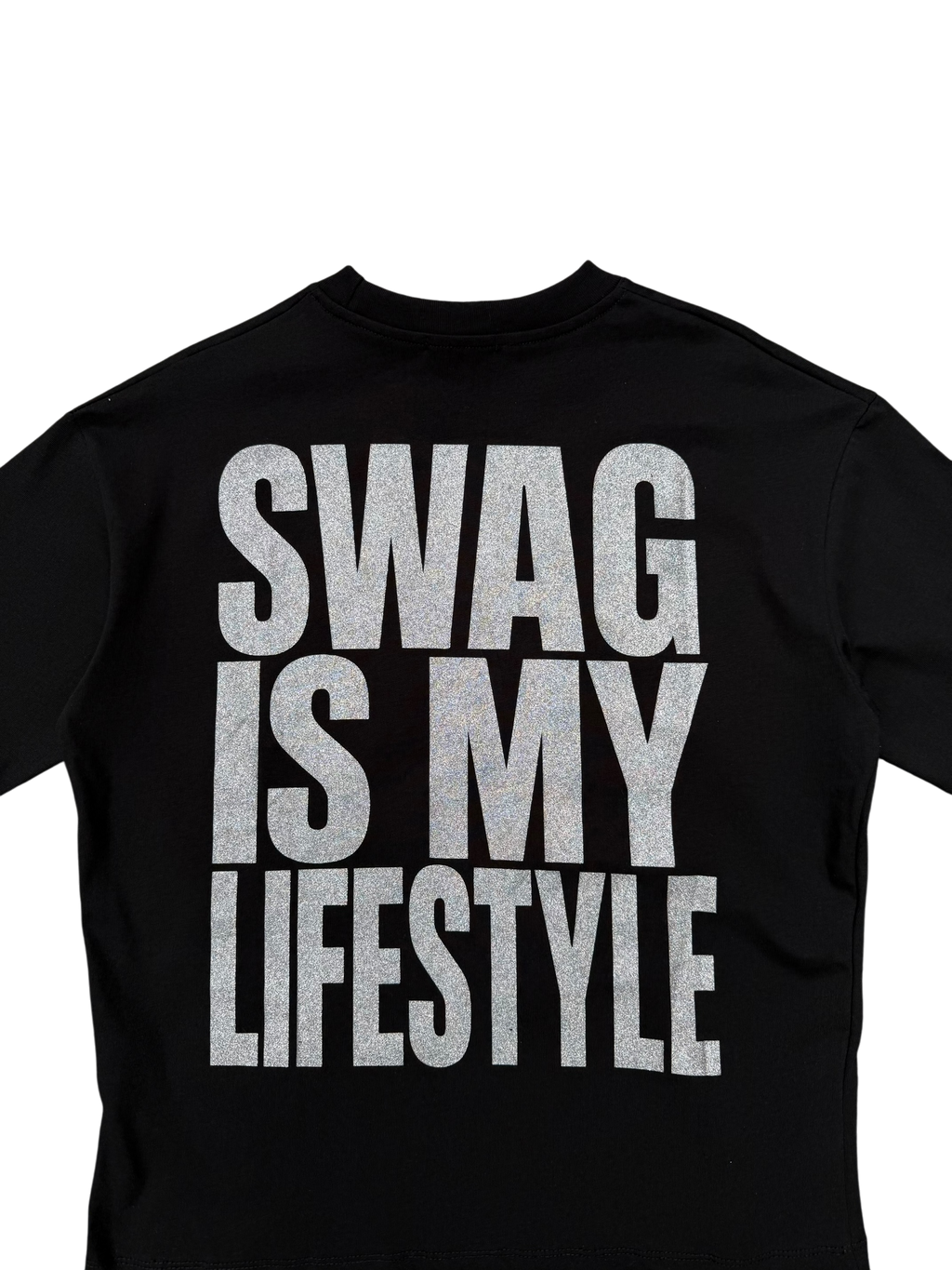T-Shirt BoxyFit Scritta Retro " SWAG IS MY LIFESTYLE" Argentata Brillantinata
