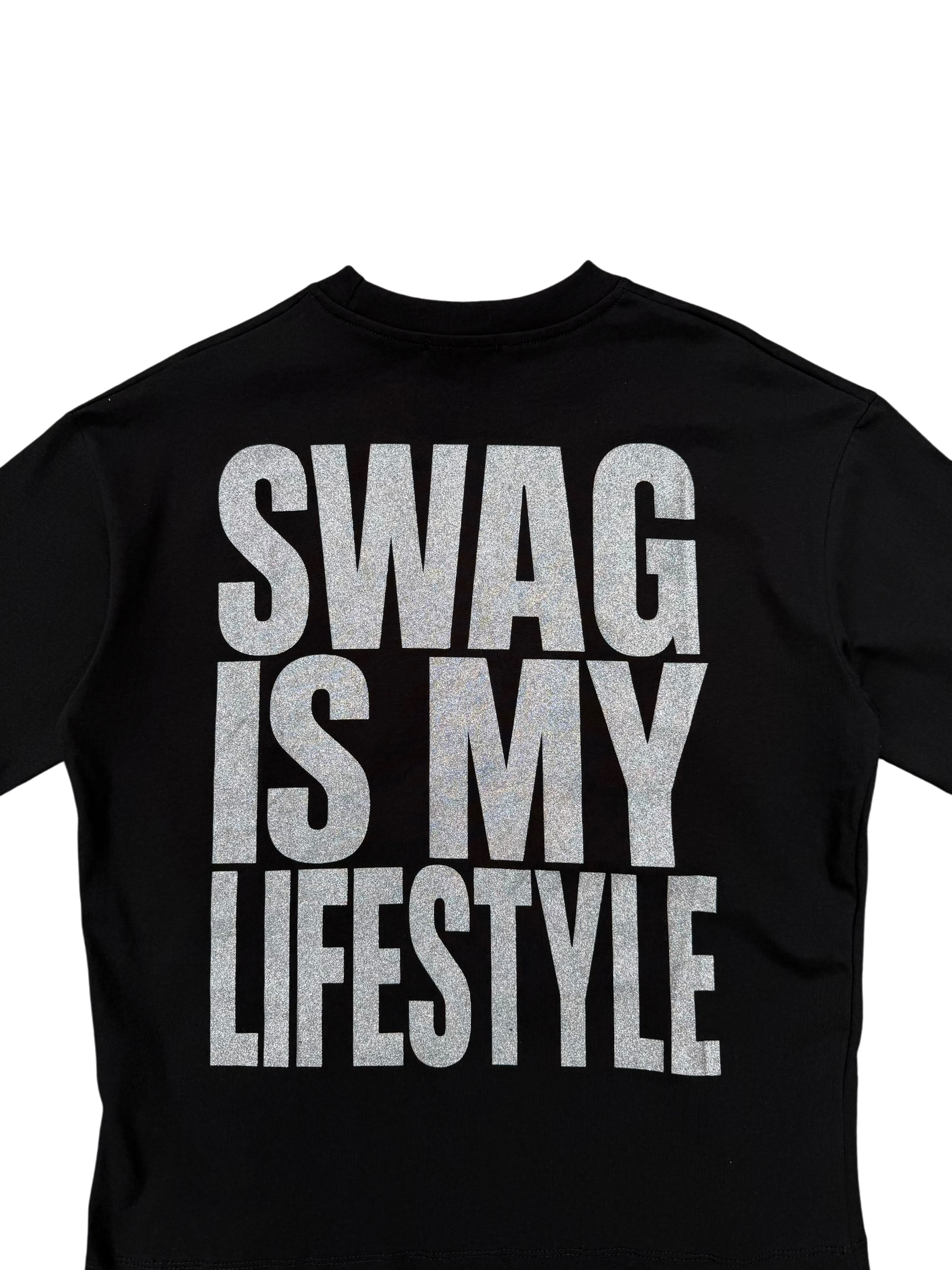 T-Shirt BoxyFit Scritta Retro " SWAG IS MY LIFESTYLE" Argentata Brillantinata