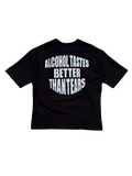 T-Shirt Boxyfit Scritta Retro "ALCOHOL TASTES BETTER THAN TEARS" Argentata Brillantinata