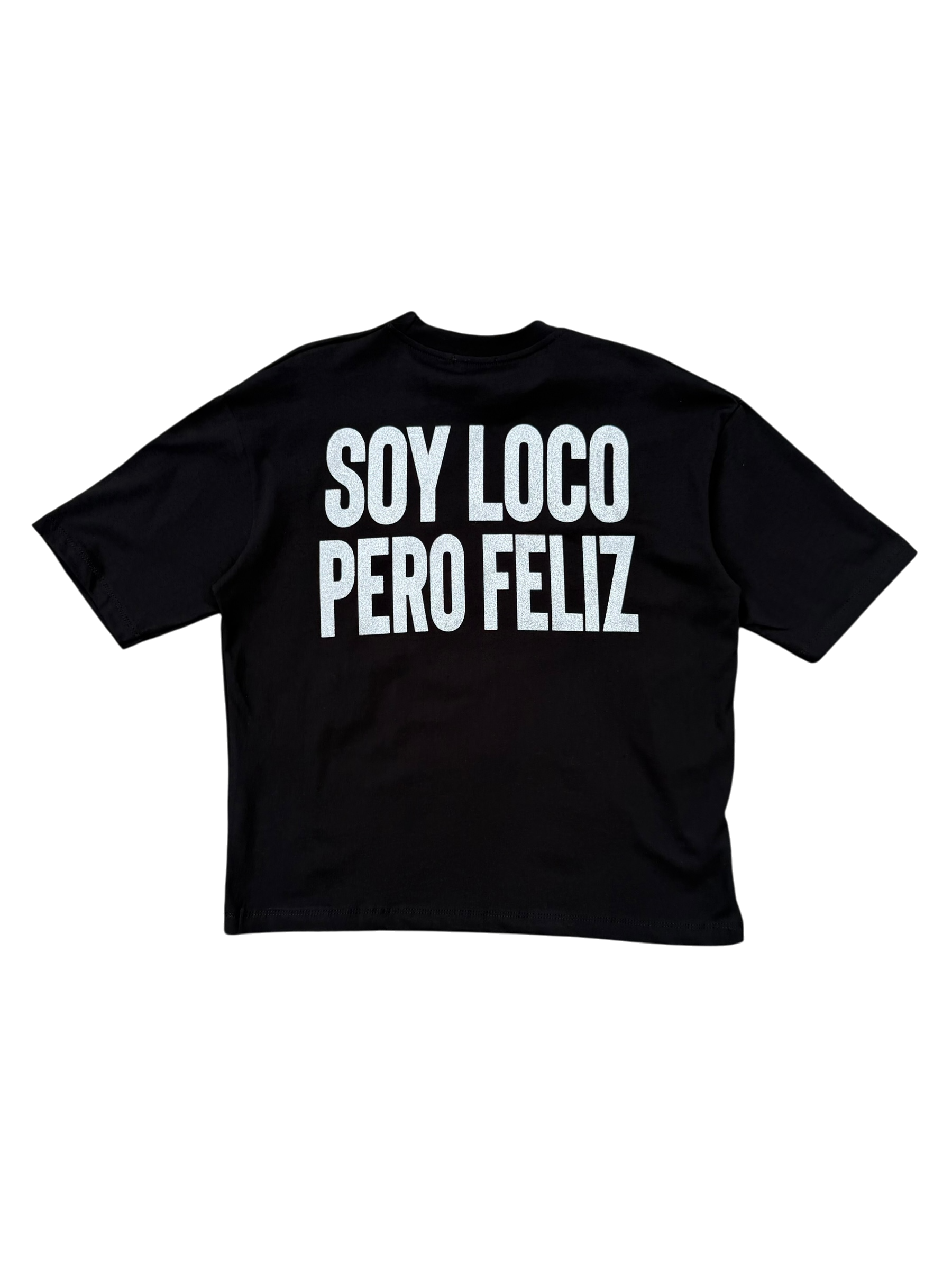 T-Shirt BoxyFit Scritta Retro " SOY LOCO PERO FELIZ" Argentata Brillantinata