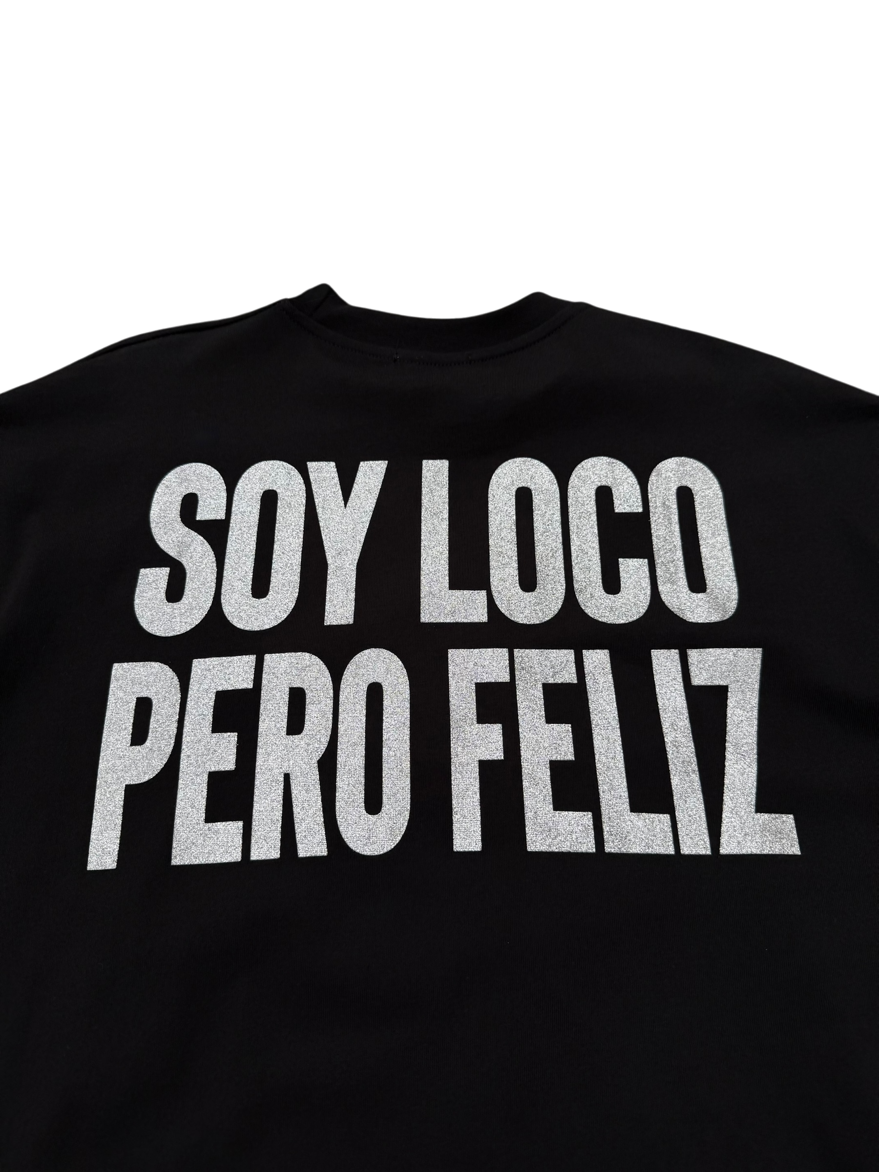 T-Shirt BoxyFit Scritta Retro " SOY LOCO PERO FELIZ" Argentata Brillantinata
