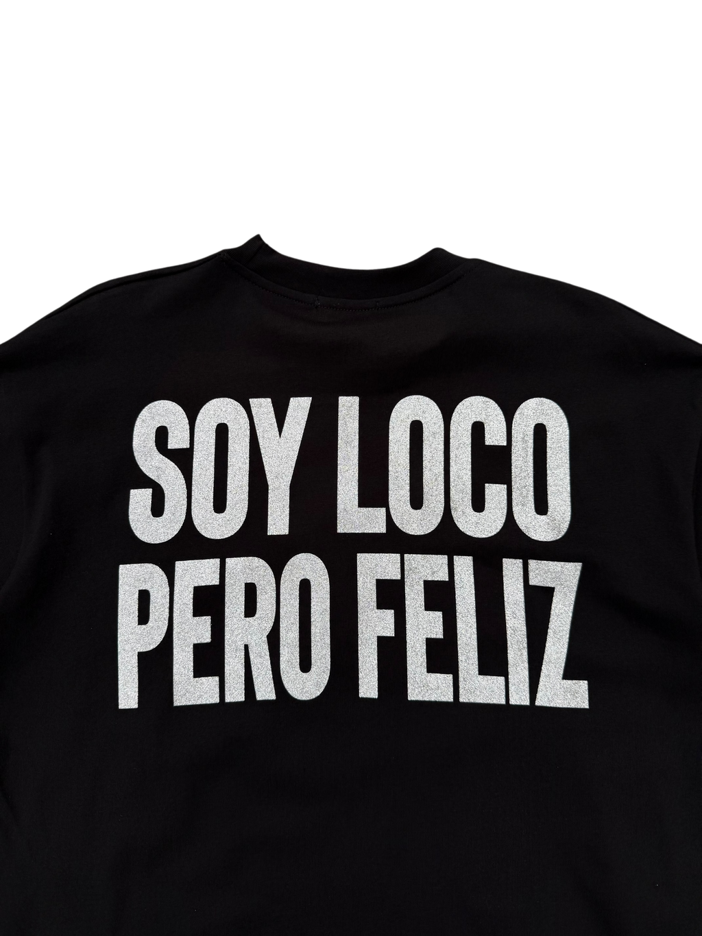 T-Shirt BoxyFit Scritta Retro " SOY LOCO PERO FELIZ" Argentata Brillantinata