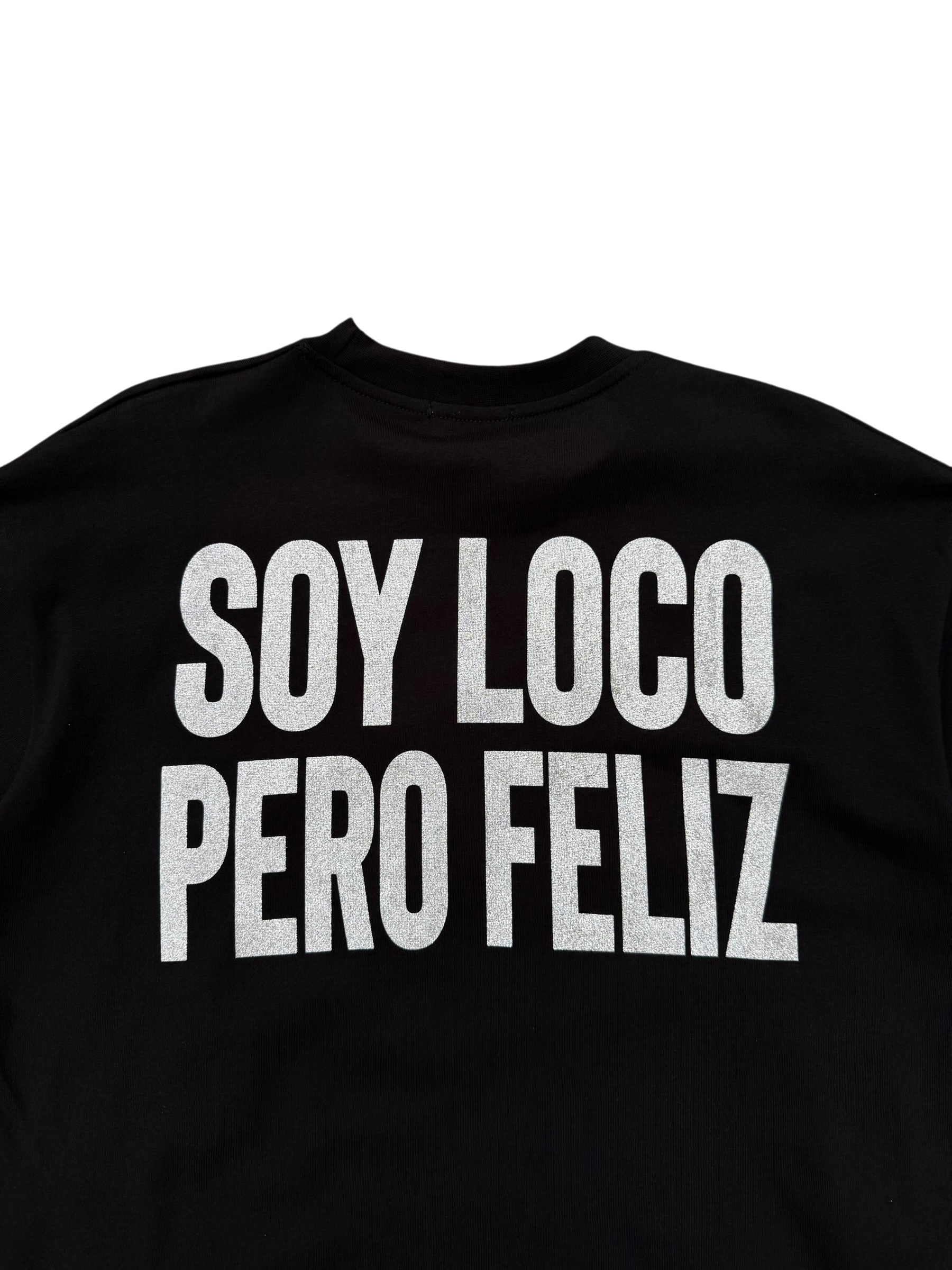 T-Shirt BoxyFit Scritta Retro " SOY LOCO PERO FELIZ" Argentata Brillantinata