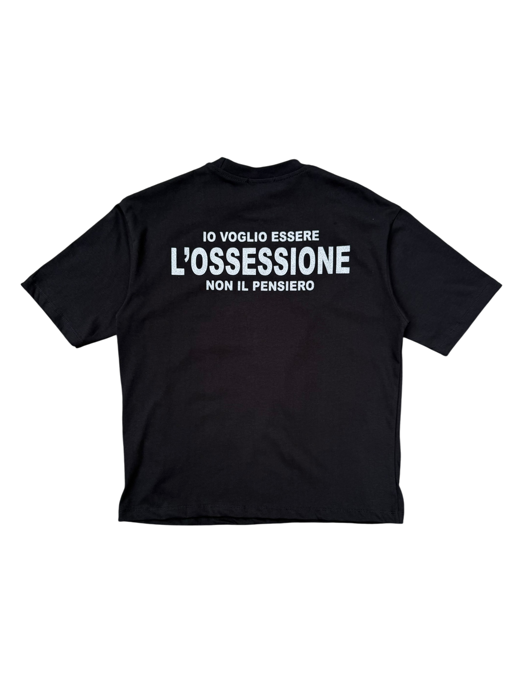 T-Shirt BoxyFit Scritta Retro "IO VOGLIO ESSERE L'OSSESSIONE NON IL PENSIERO" Argentata Brillantinata
