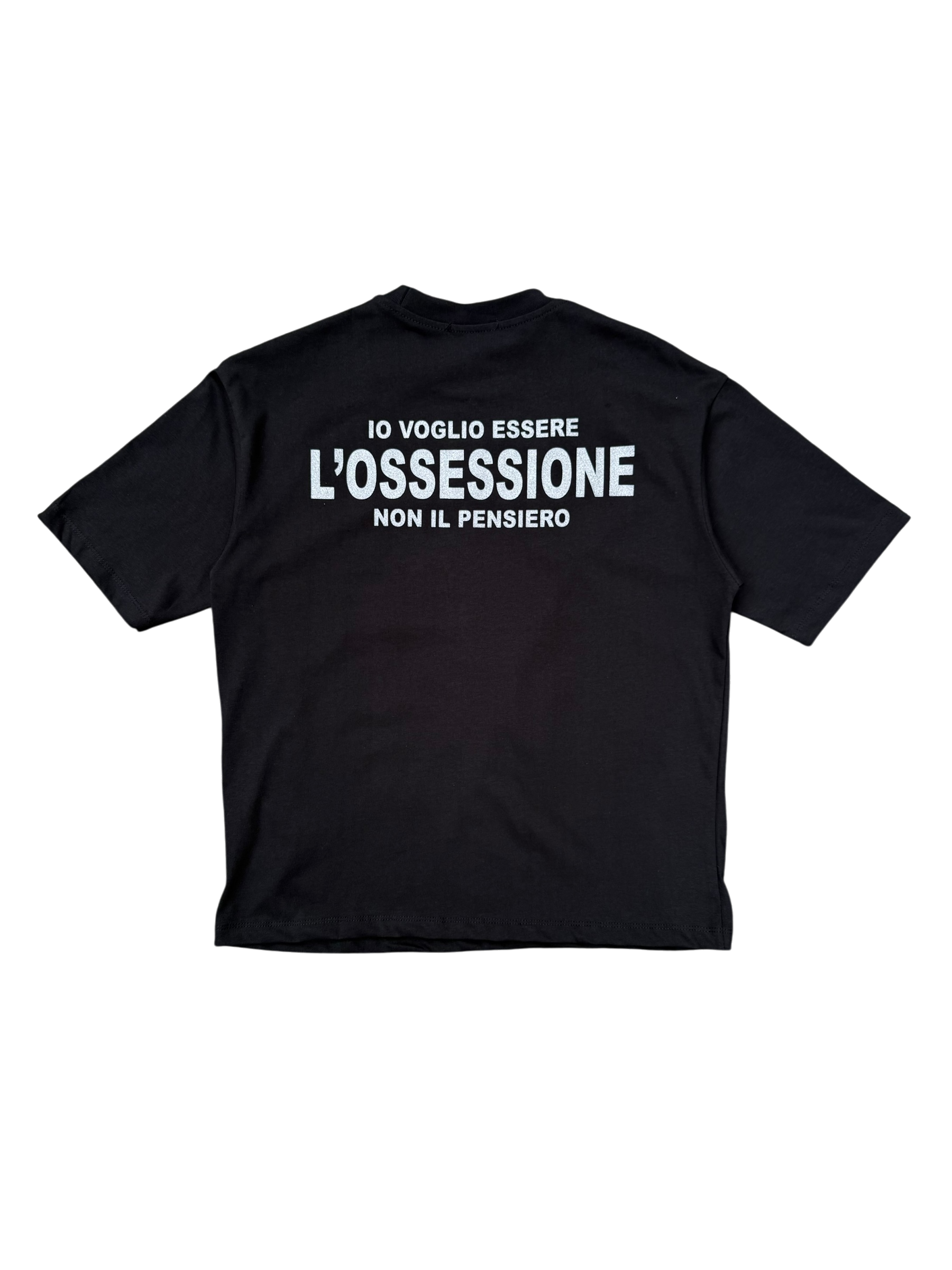 T-Shirt BoxyFit Scritta Retro "IO VOGLIO ESSERE L'OSSESSIONE NON IL PENSIERO" Argentata Brillantinata