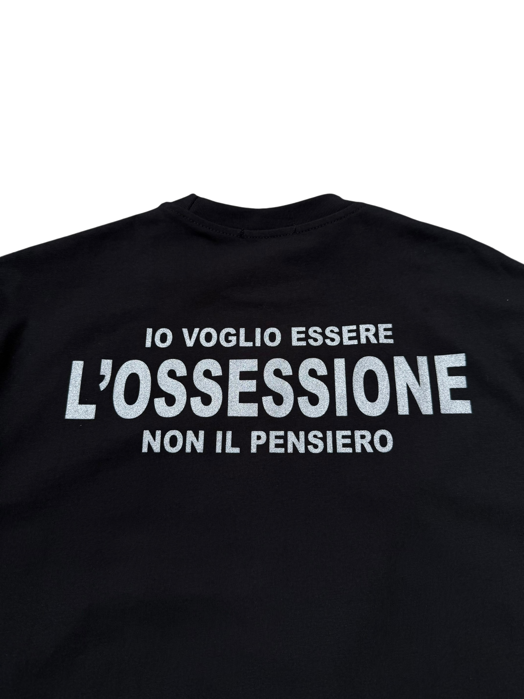 T-Shirt BoxyFit Scritta Retro "IO VOGLIO ESSERE L'OSSESSIONE NON IL PENSIERO" Argentata Brillantinata
