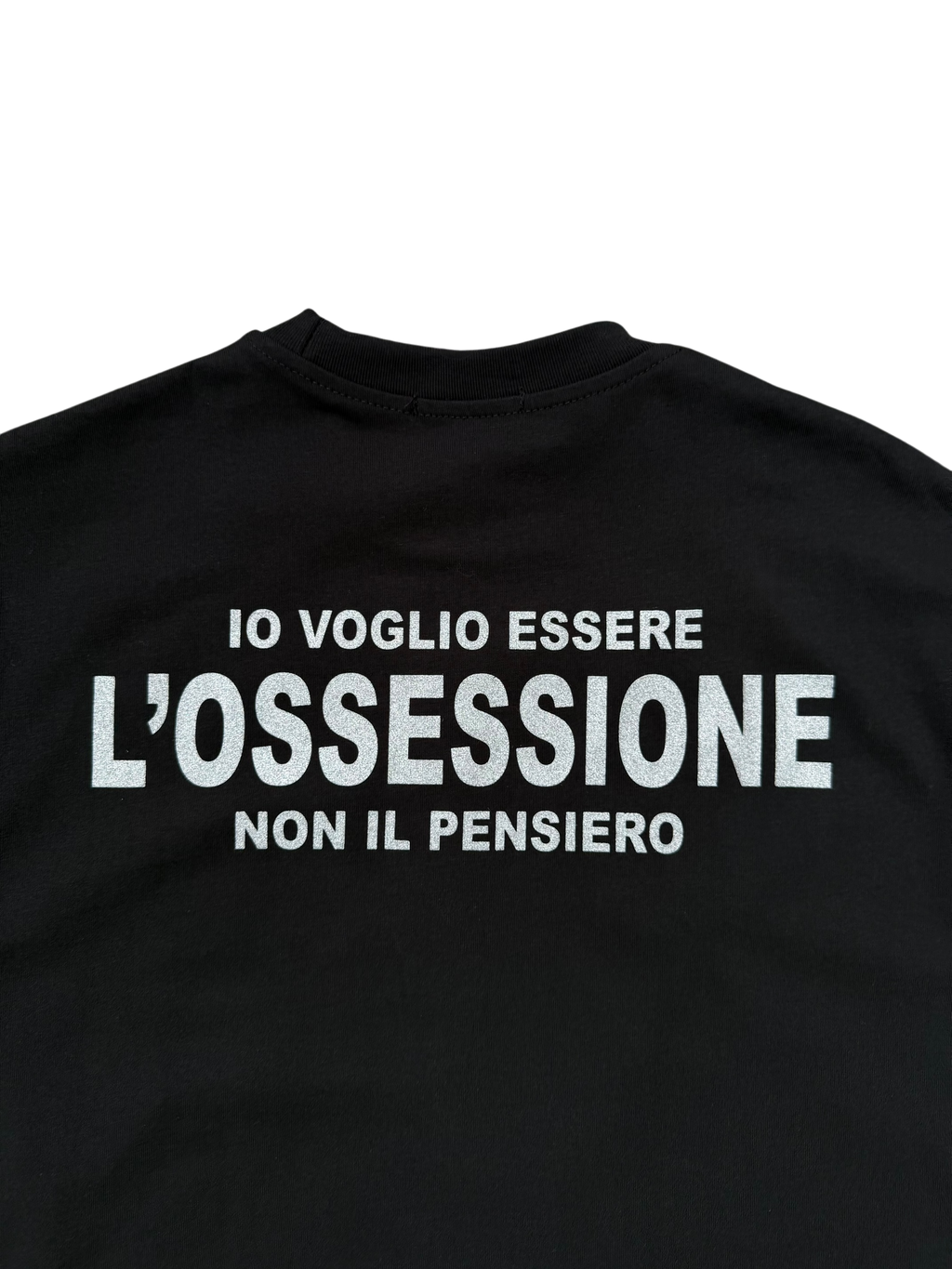 T-Shirt BoxyFit Scritta Retro "IO VOGLIO ESSERE L'OSSESSIONE NON IL PENSIERO" Argentata Brillantinata