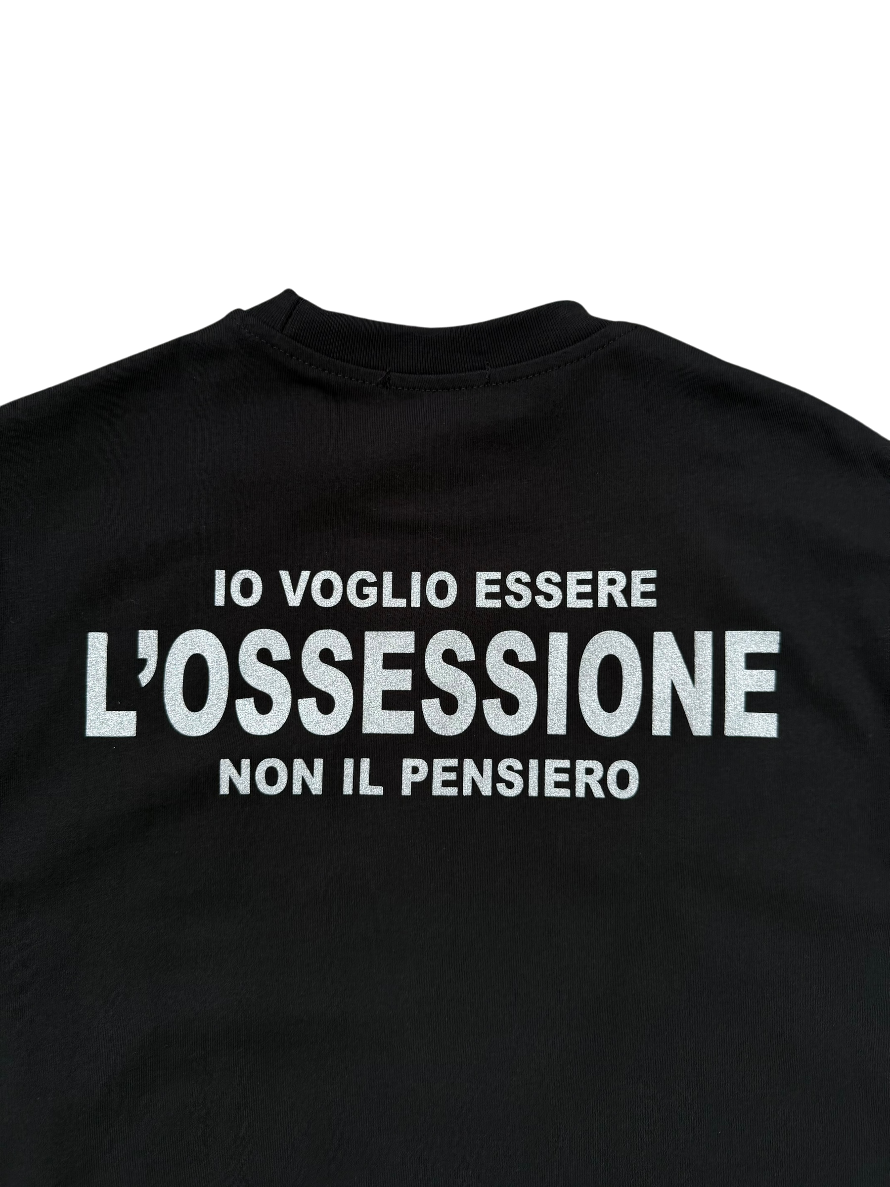 T-Shirt BoxyFit Scritta Retro "IO VOGLIO ESSERE L'OSSESSIONE NON IL PENSIERO" Argentata Brillantinata