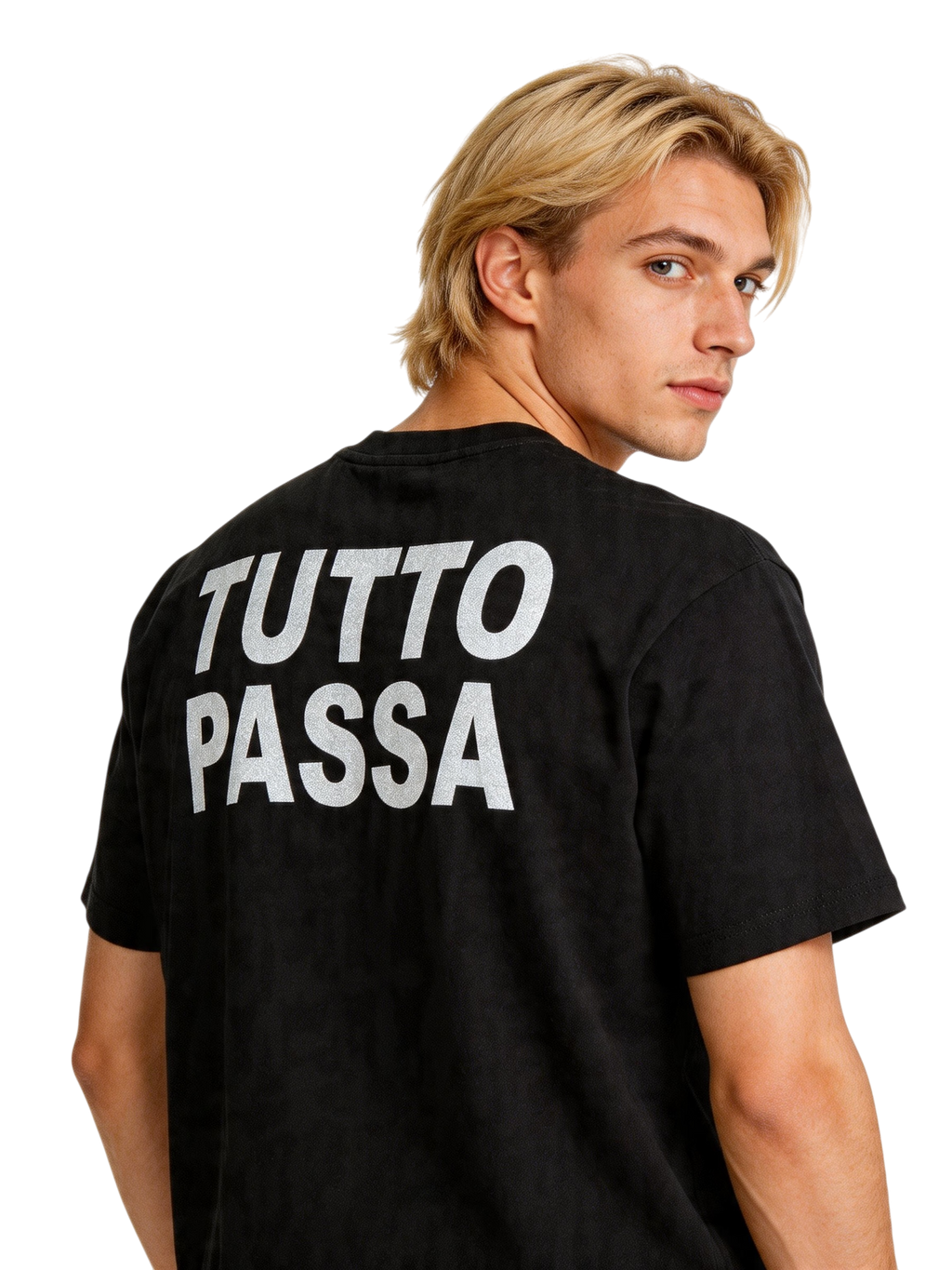 T-Shirt BoxyFit Scritta Retro "Tutto Passa" Argentata Brillantinata
