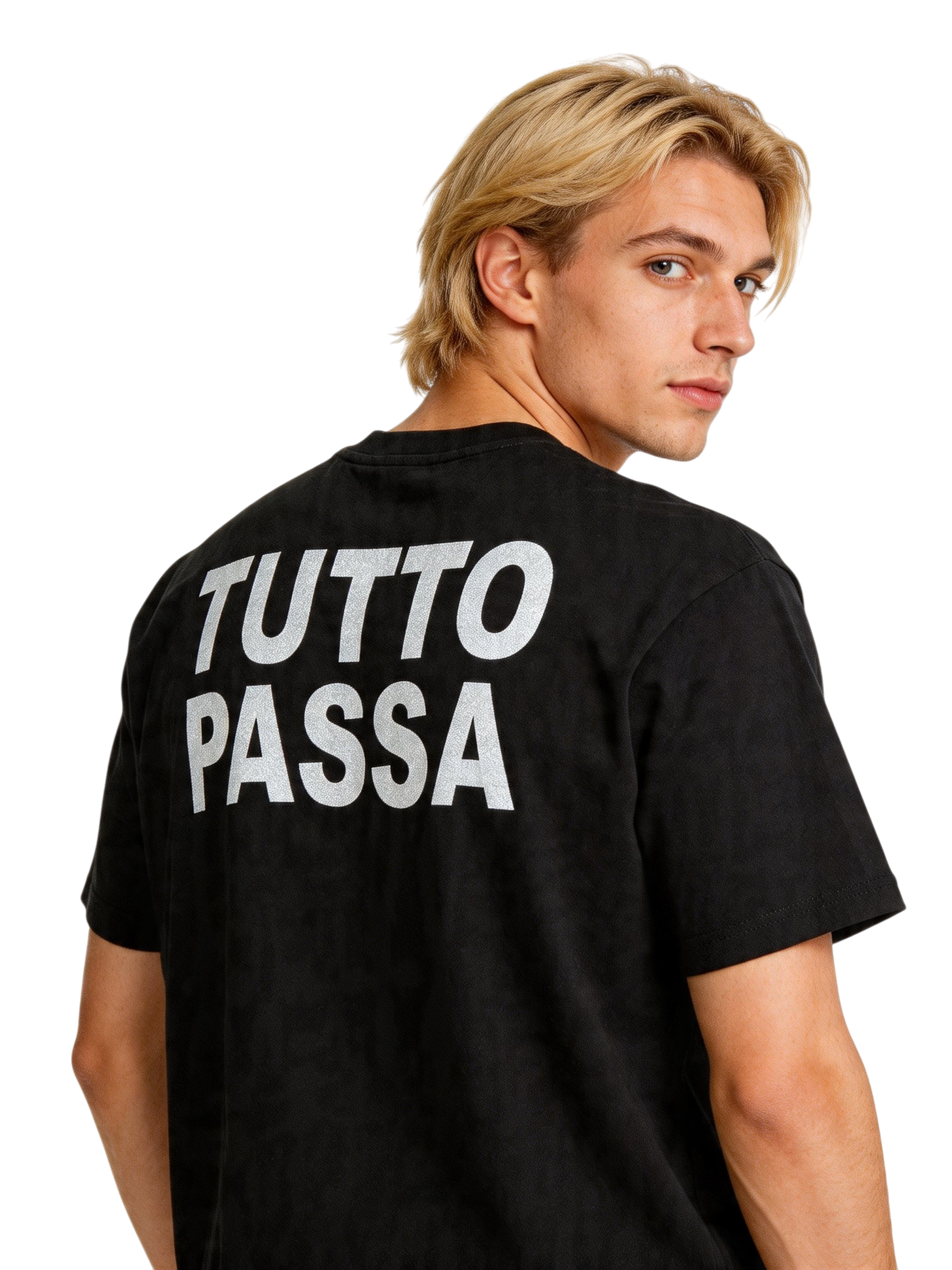 T-Shirt BoxyFit Scritta Retro "Tutto Passa" Argentata Brillantinata